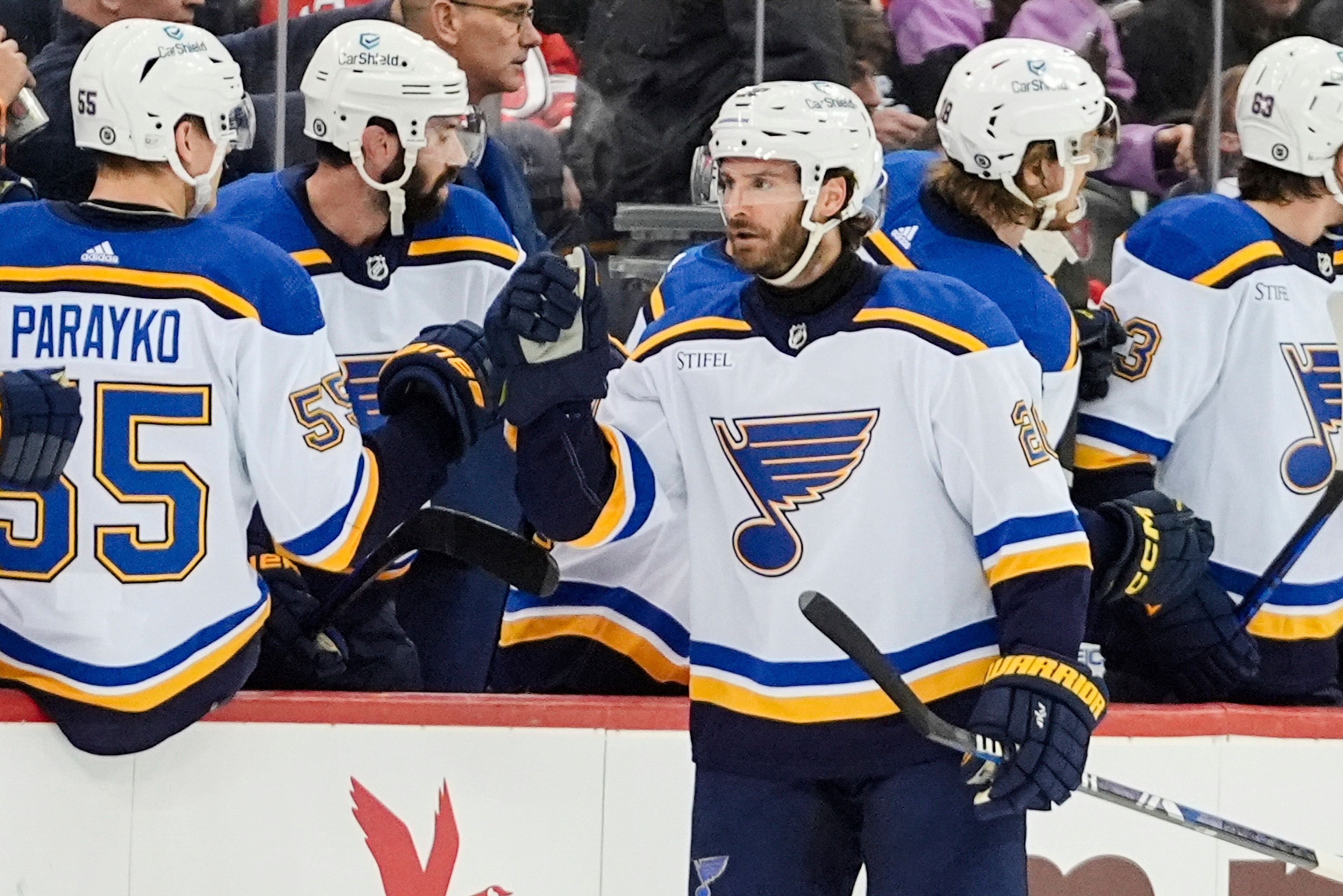 St. Louis Blues' Brandon Saad (20) is congratulated for his goal against the New Jersey Devils during the second period of an NHL hockey game Thursday, March 7, 2024, in Newark, N.J. (AP Photo/Frank Franklin II)