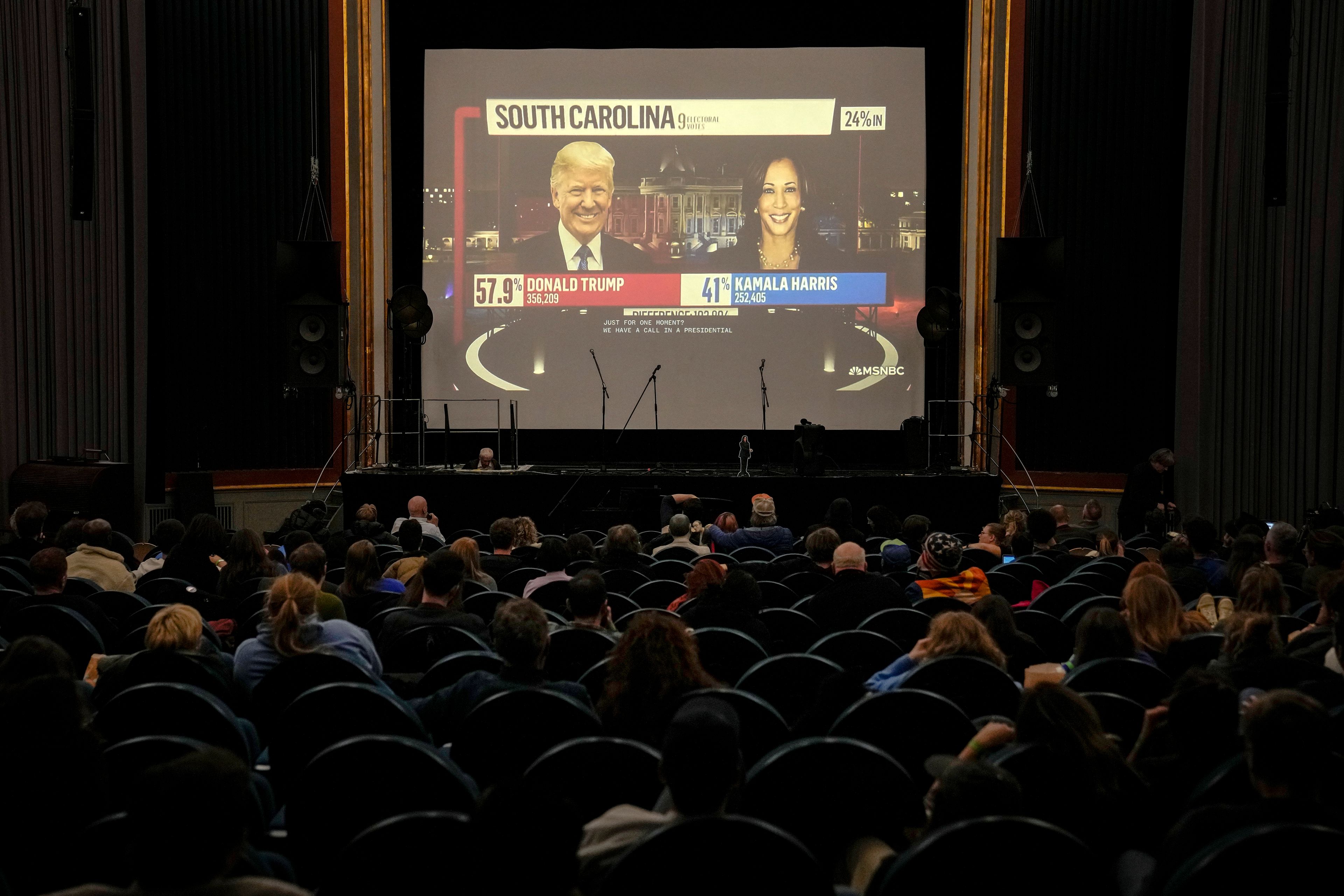 Supporters of U.S. Democratic presidential nominee Vice President Kamala Harris watch as the first results from the state of South Carolina come in during an election night watch party at the Babylon cinema in central Berlin, Germany, early Wednesday, Nov. 6, 2024. (AP Photo/Ebrahim Noroozi)