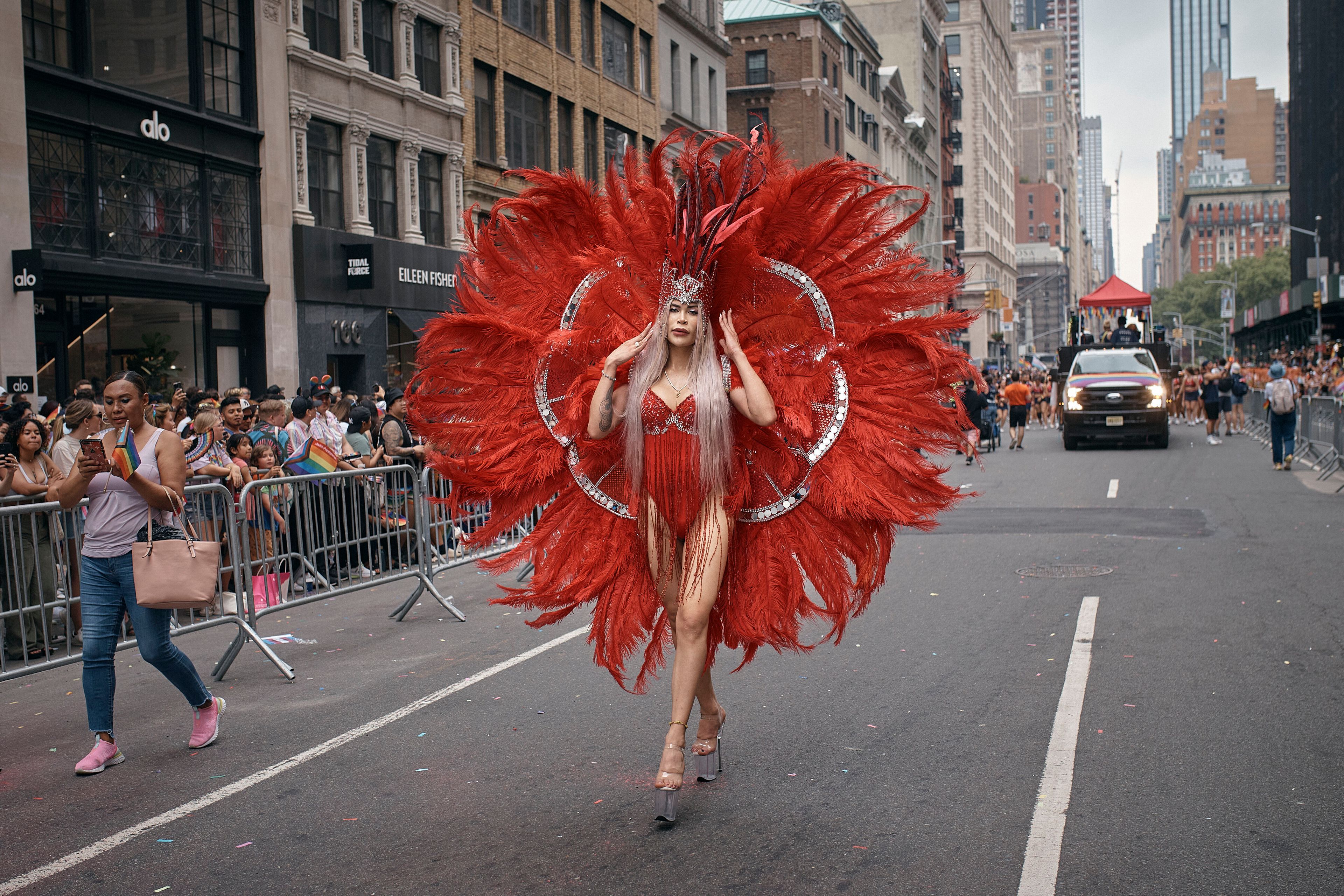 A reveler marches along Fifth Avenue during the NYC Pride March, Sunday, June 30, 2024, in New York. (AP Photo/Andres Kudacki)