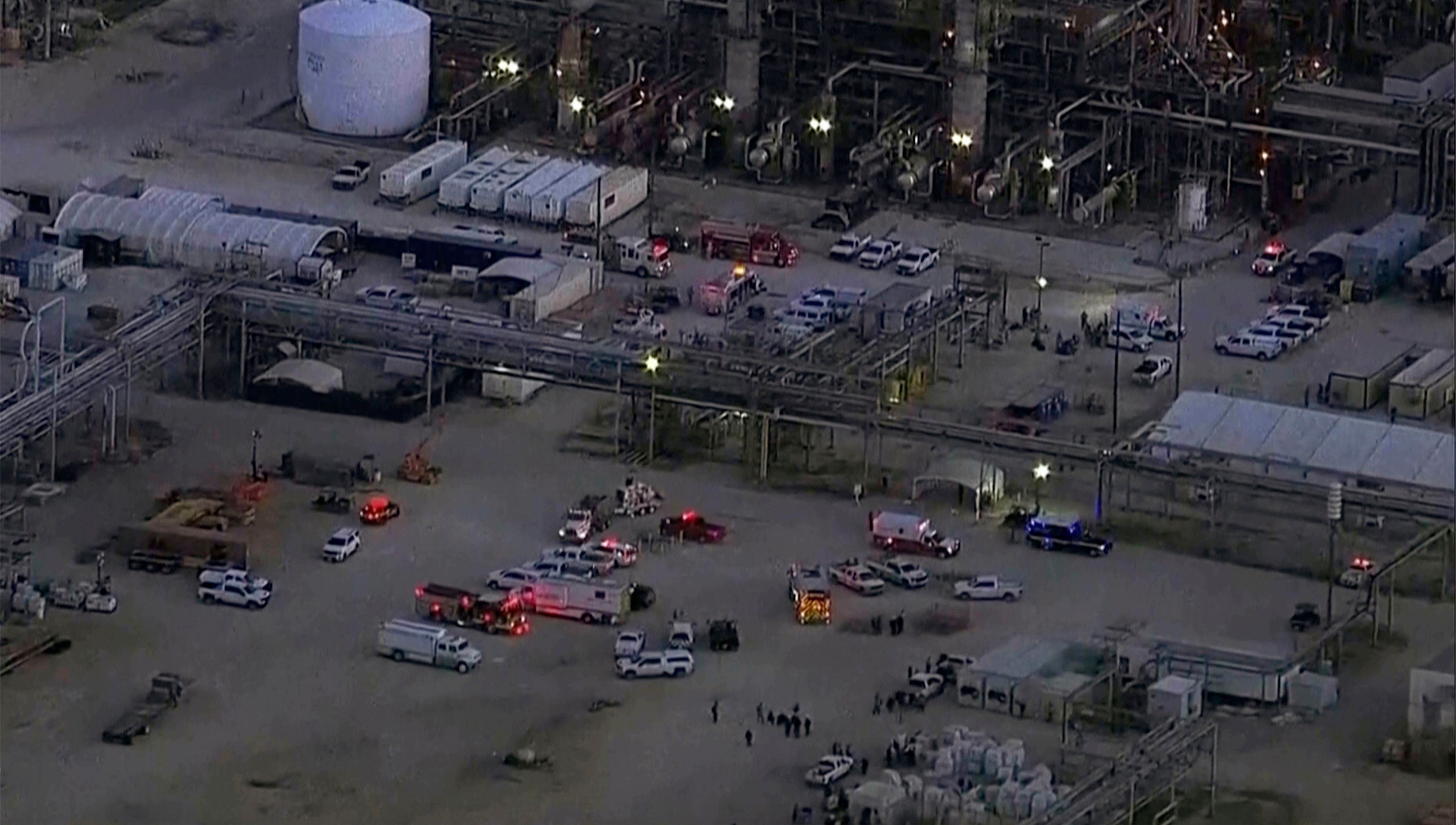 Emergency personnel arrive at oil refinery after hydrogen sulfide leaked Thursday, Oct. 10, 2024 in Houston. (KTRK via AP)