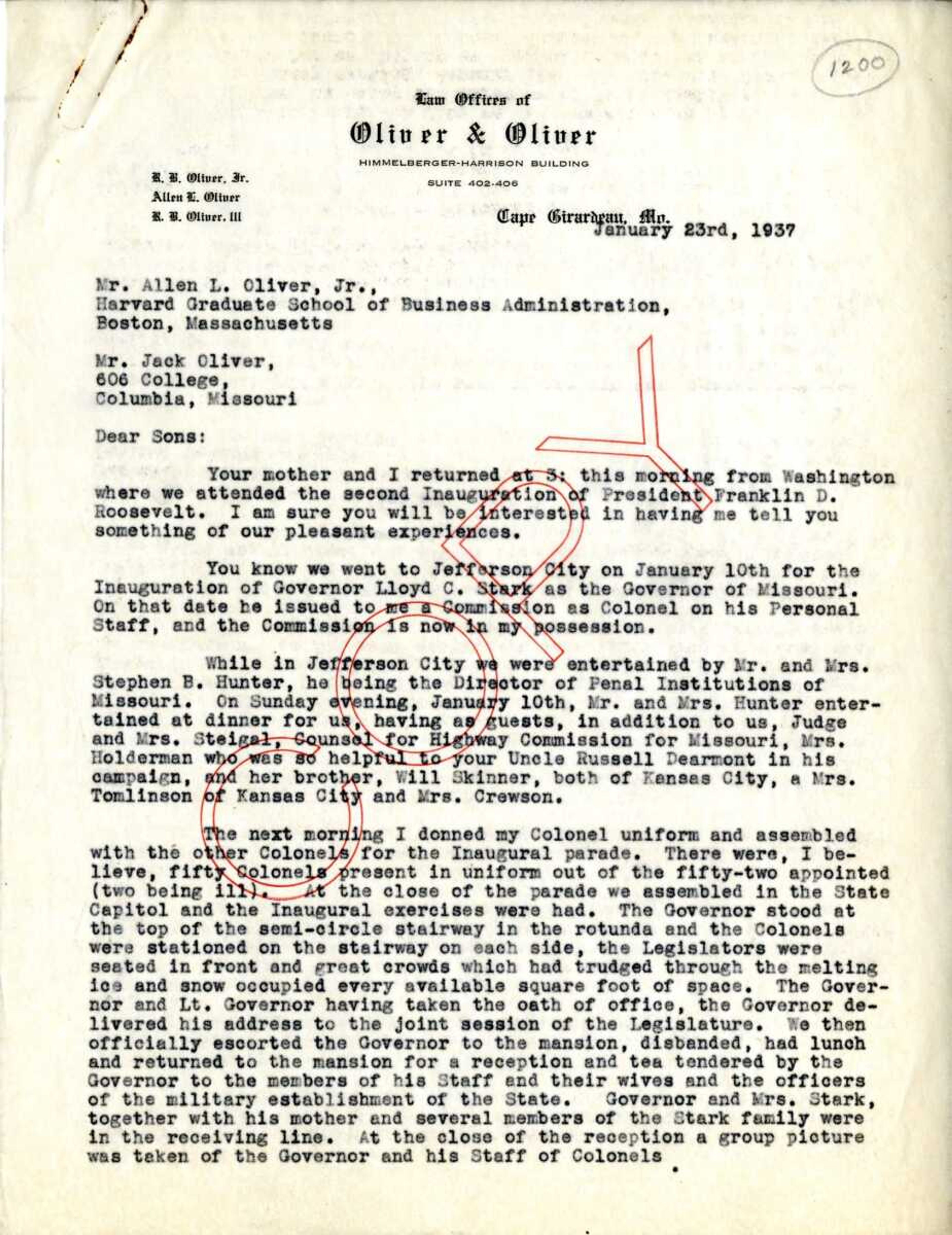 Page one of the first-hand account by Allen L. Oliver Sr. to his sons of the second inauguration of President Franklin D. Roosevelt on January 20, 1937.