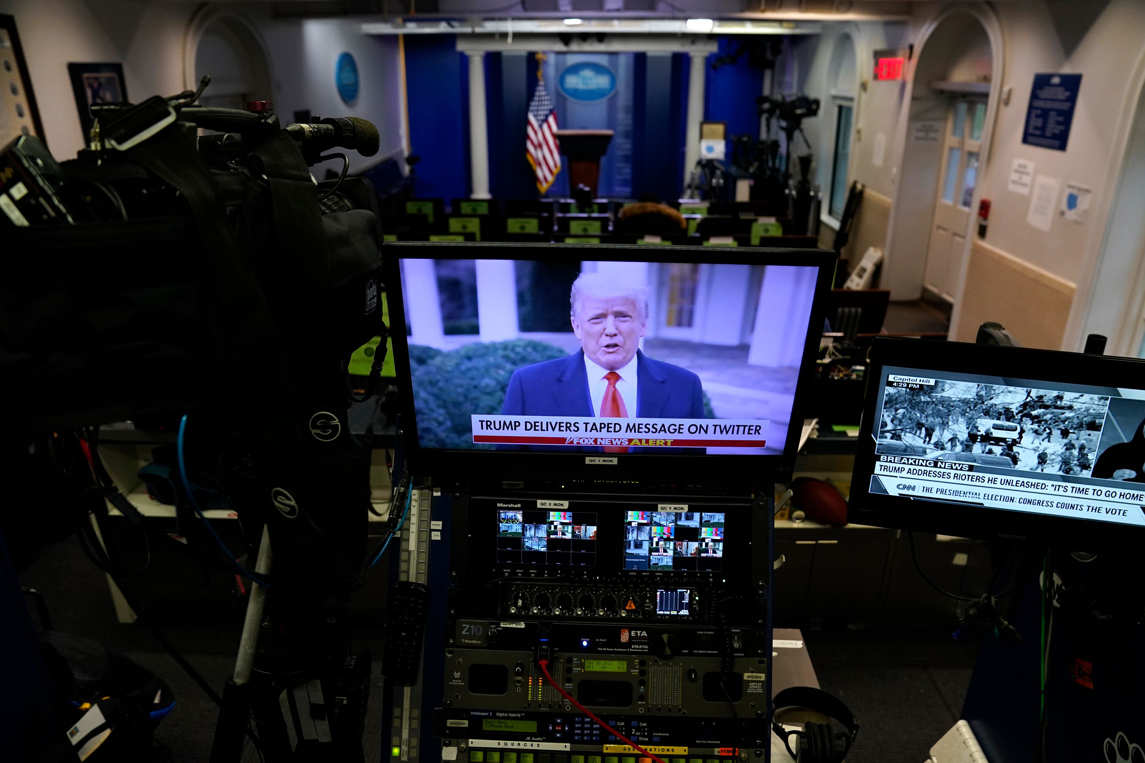 FILE - In a pre-recorded video message, President Donald Trump delivers a statement after rioters stormed the Capitol building during the electoral college certification of Joe Biden as president, Jan. 6, 2021, in Washington. Trump on July 2, 2024, misrepresented in a social media post what the U.S. Supreme Court's Monday ruling on presidential immunity means for his civil and criminal cases. But none of Trump's pending cases have been dismissed as a result of the ruling, nor have the verdicts already reached against him been overturned. (AP Photo/Evan Vucci, File)