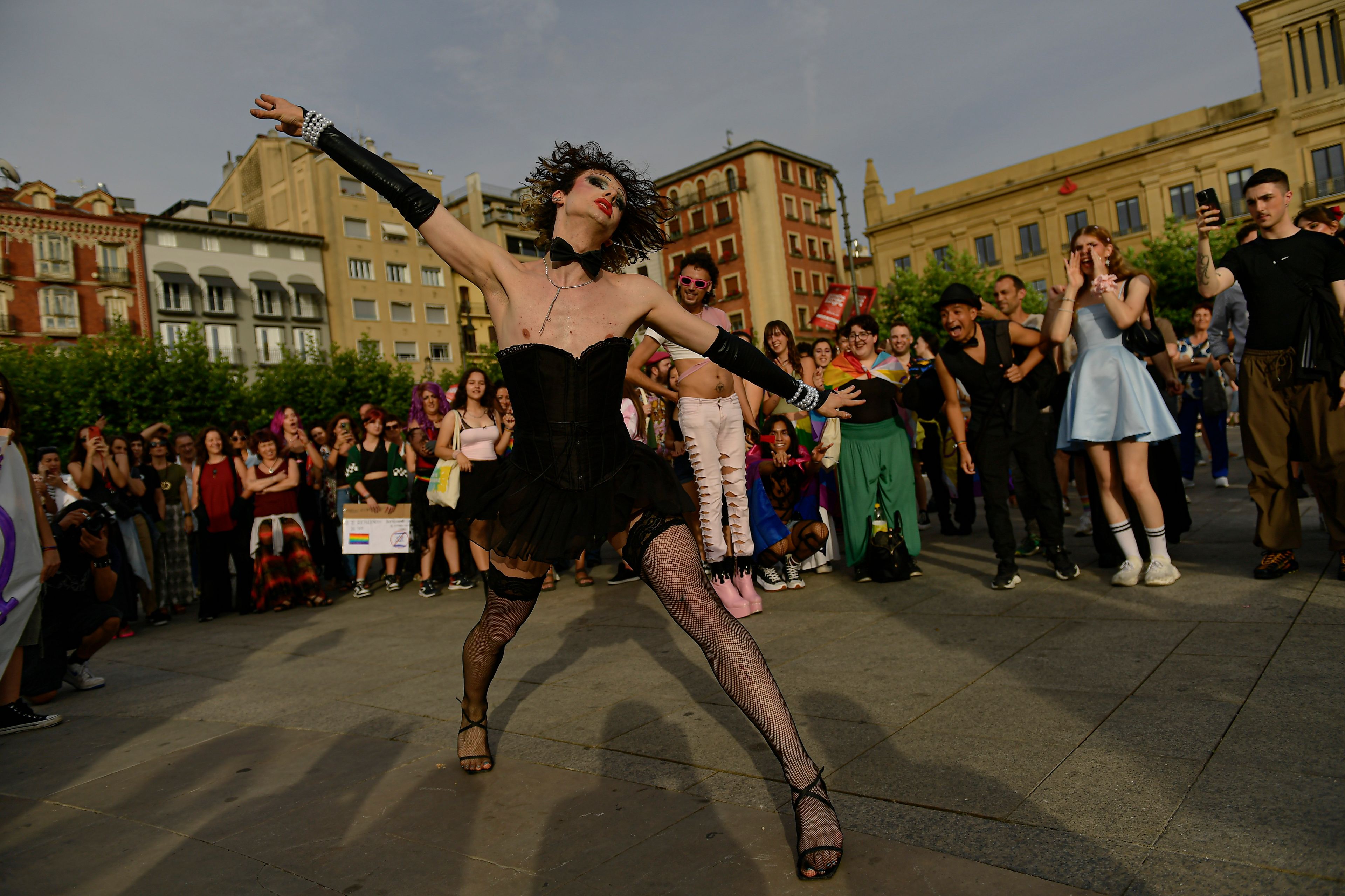 Participants gather for the LGBTQ Pride Day, in Pamplona, northern Spain, Friday, June 28, 2024. (AP Photo/Alvaro Barrientos)