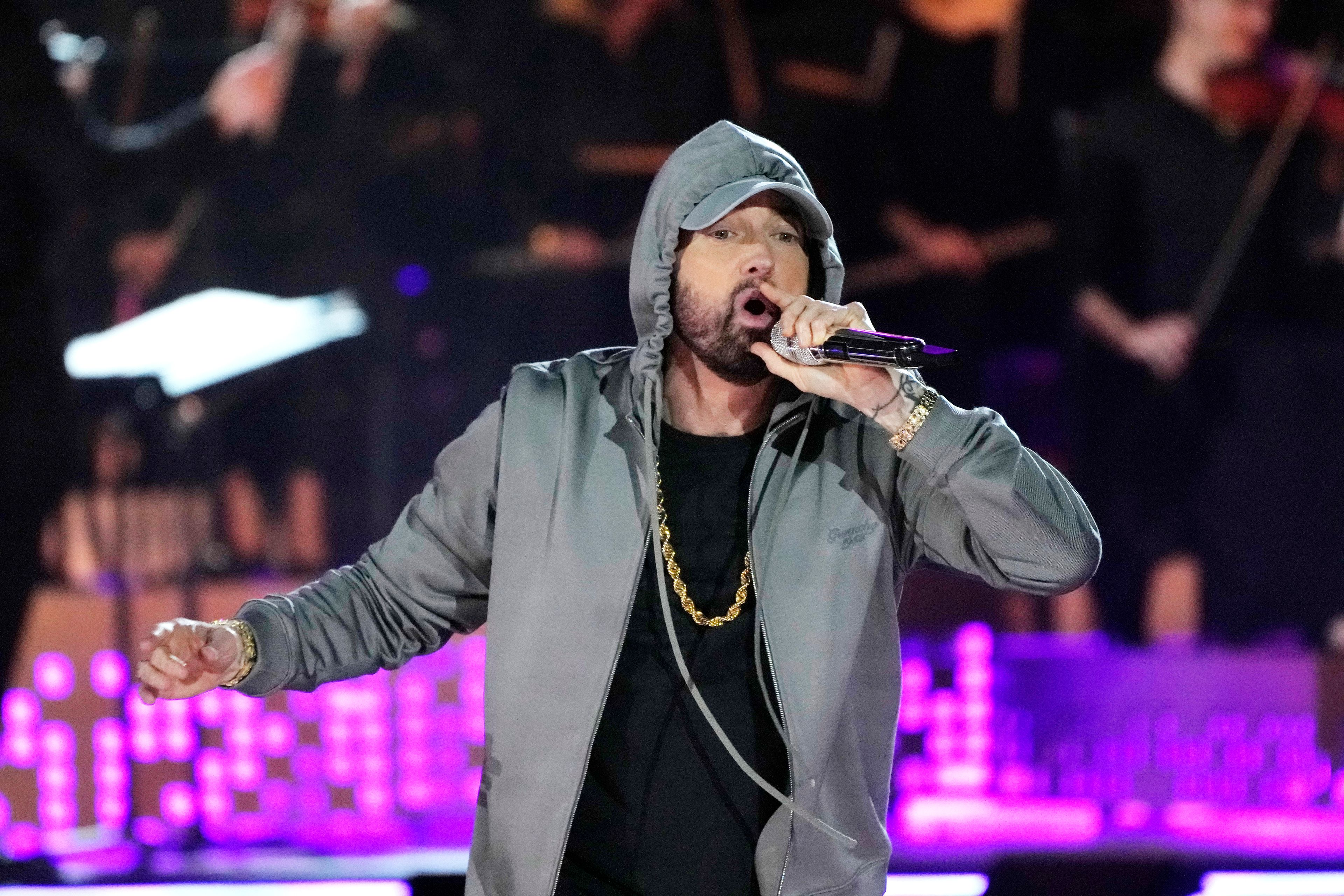 FILE - Eminem performs during "Live From Detroit: The Concert at Michigan Central," June 6, 2024, in Detroit. (AP Photo/Carlos Osorio, File)