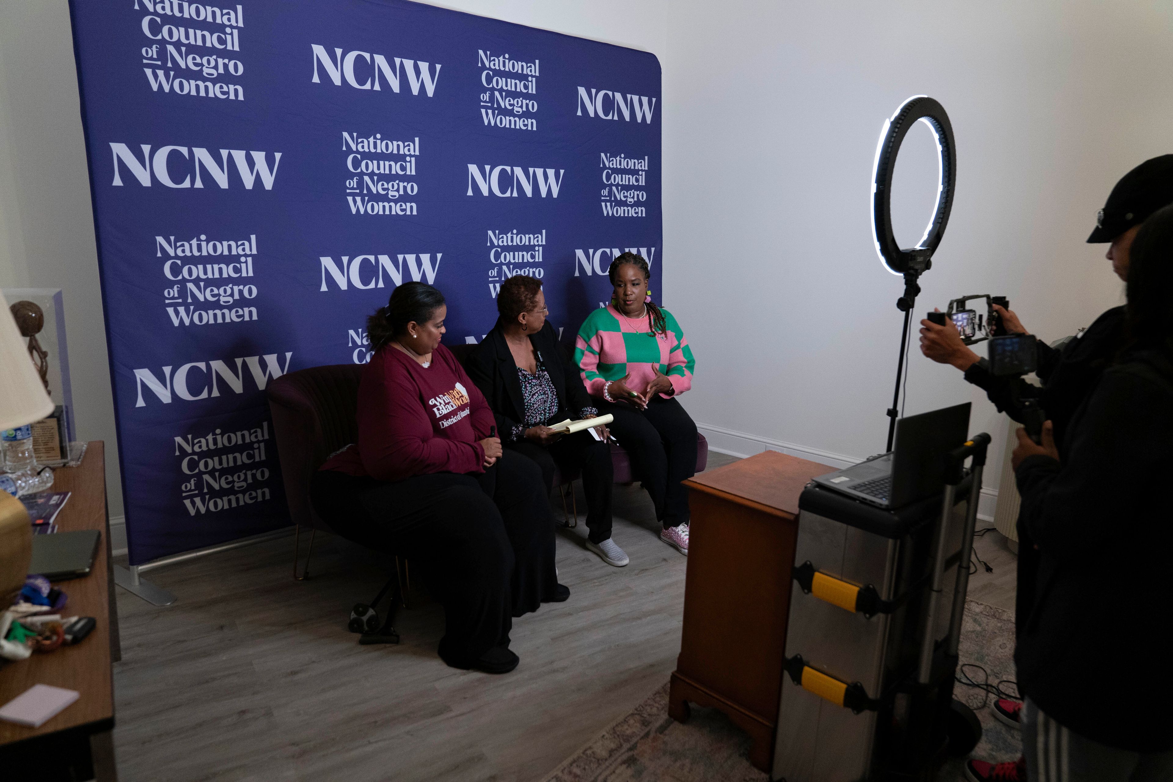 Members of the Black Women's Leadership Collective from left; Holli Holliday, President, Sisters Lead Sisters Vote & lead organizer, Win With Black Women, Portia Reddick White, Vice President Advocacy and Policy, National Council of Negro Women (NCNW) and Roslyn Brock, Chairman Emeritus, NAACP, share election updates and voting information in battleground communities via livestream at the national Council of Negro Women in Washington, Tuesday, Nov. 5, 2024. (AP Photo/Jose Luis Magana)