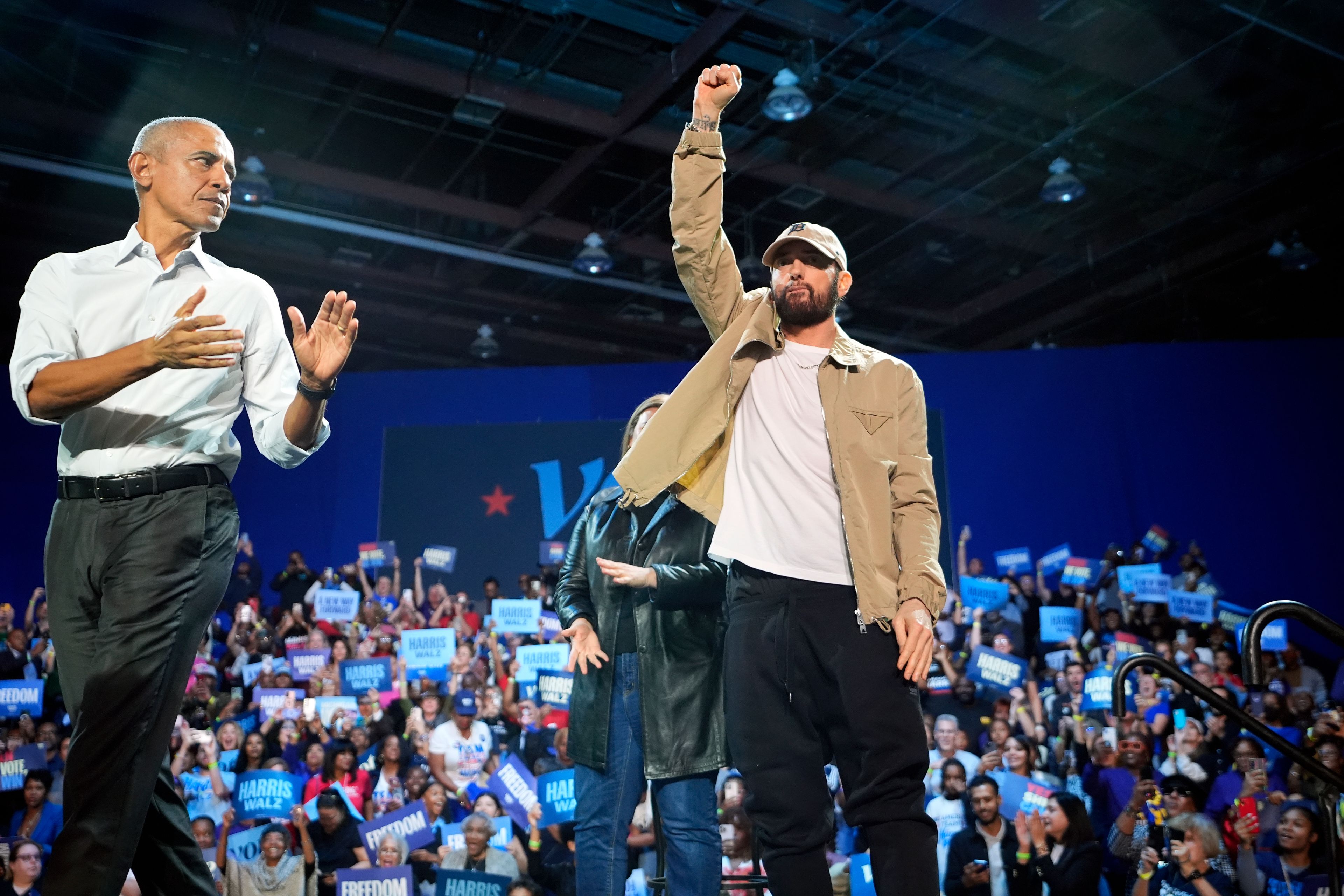 Rapper Eminem and Obama rally voters for Kamala Harris in Detroit