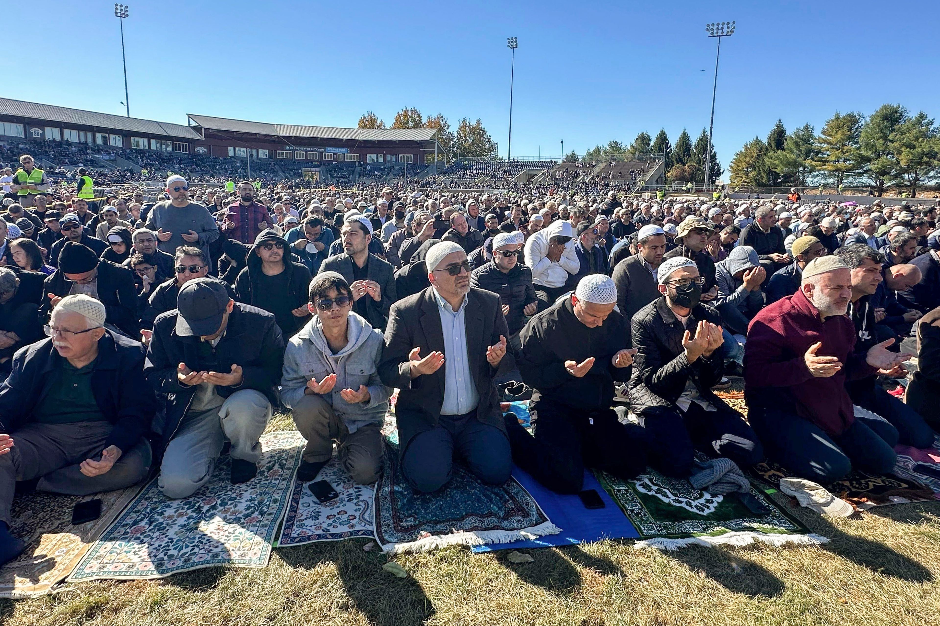 Thousands gather to morn the death of Fethullah Gülen, a Muslim cleric living in exile in the United States who faced unproven allegations that he orchestrated a failed 2016 coup in Turkey, in Skylands Stadium in Augusta, N.J., on Thursday, Oct. 24. 2024. (AP Photo/Mike Rubinkam)