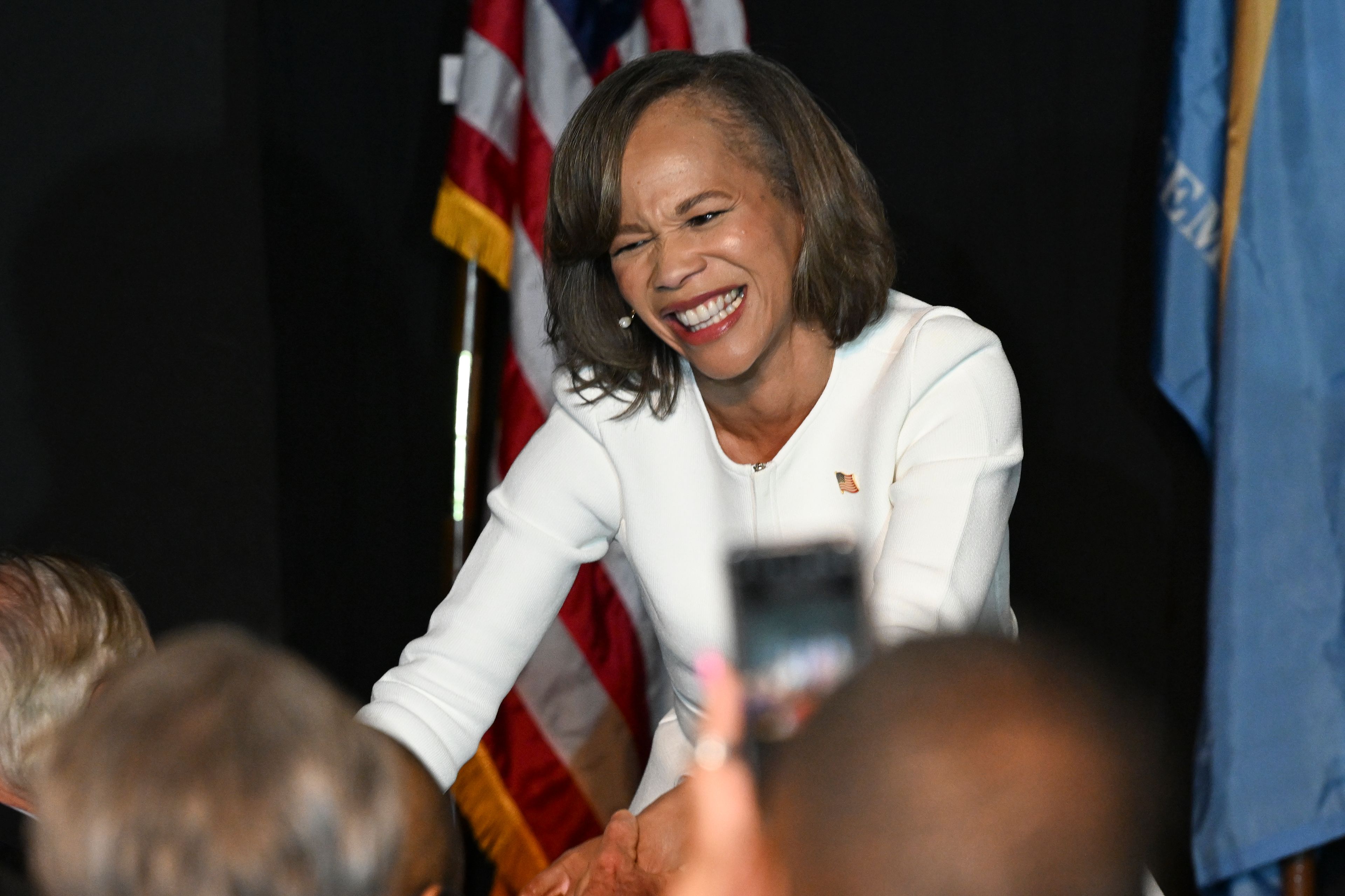 Democratic Delaware Senate candidate state Rep. Lisa Blunt Rochester shakes hands with supporters during an election night watch party Tuesday, Nov. 5, 2024, in Wilmington, Del. (AP Photo/Gail Burton)