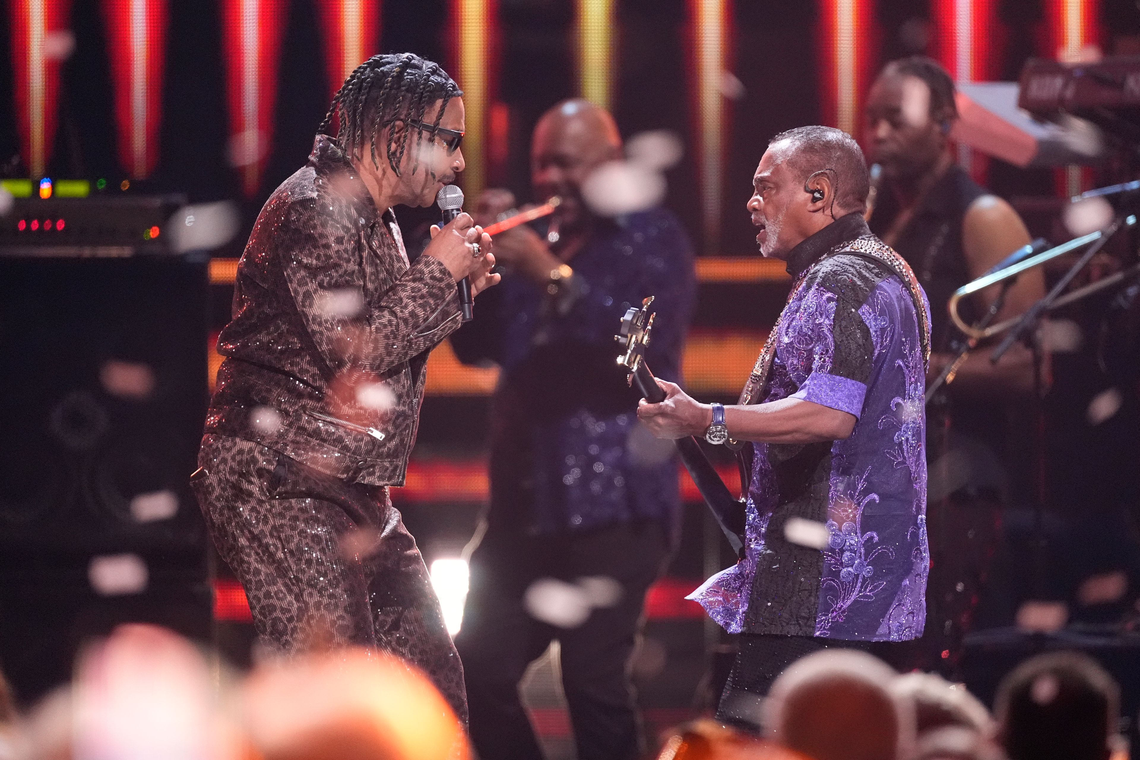 James "J.T." Taylor, left, and Robert "Kool" Bell of Kool & The Gang perform during the 39th Annual Rock & Roll Hall of Fame Induction Ceremony on Saturday, Oct. 19, 2024, at Rocket Mortgage FieldHouse in Cleveland. (AP Photo/Chris Pizzello)