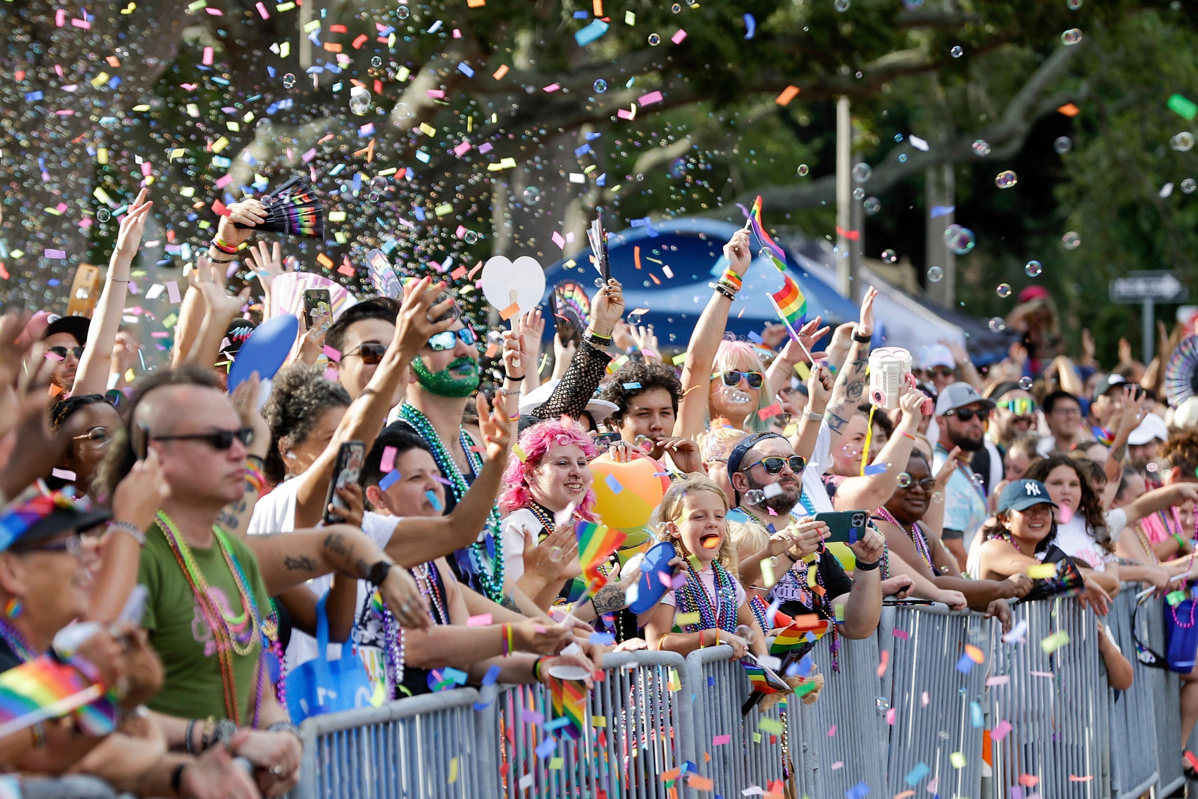 Spectators cheer for beads during the St. Pete Pride festival, Saturday, June 22, 2024 in St. Petersburg, Fla. (Luis Santana/Tampa Bay Times via AP)