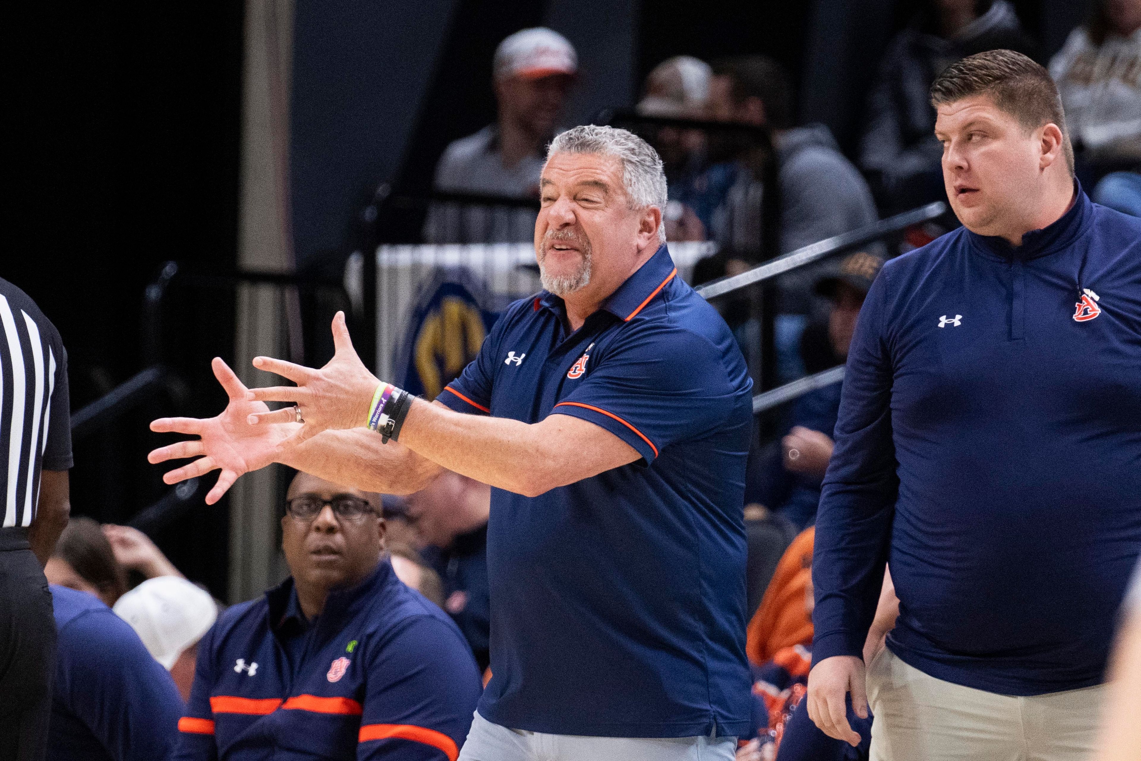 Auburn coach Bruce Pearl argues a call during the first half of the team's NCAA college basketball game against Missouri on Tuesday, March 5, 2024, in Columbia, Mo. (AP Photo/L.G. Patterson)