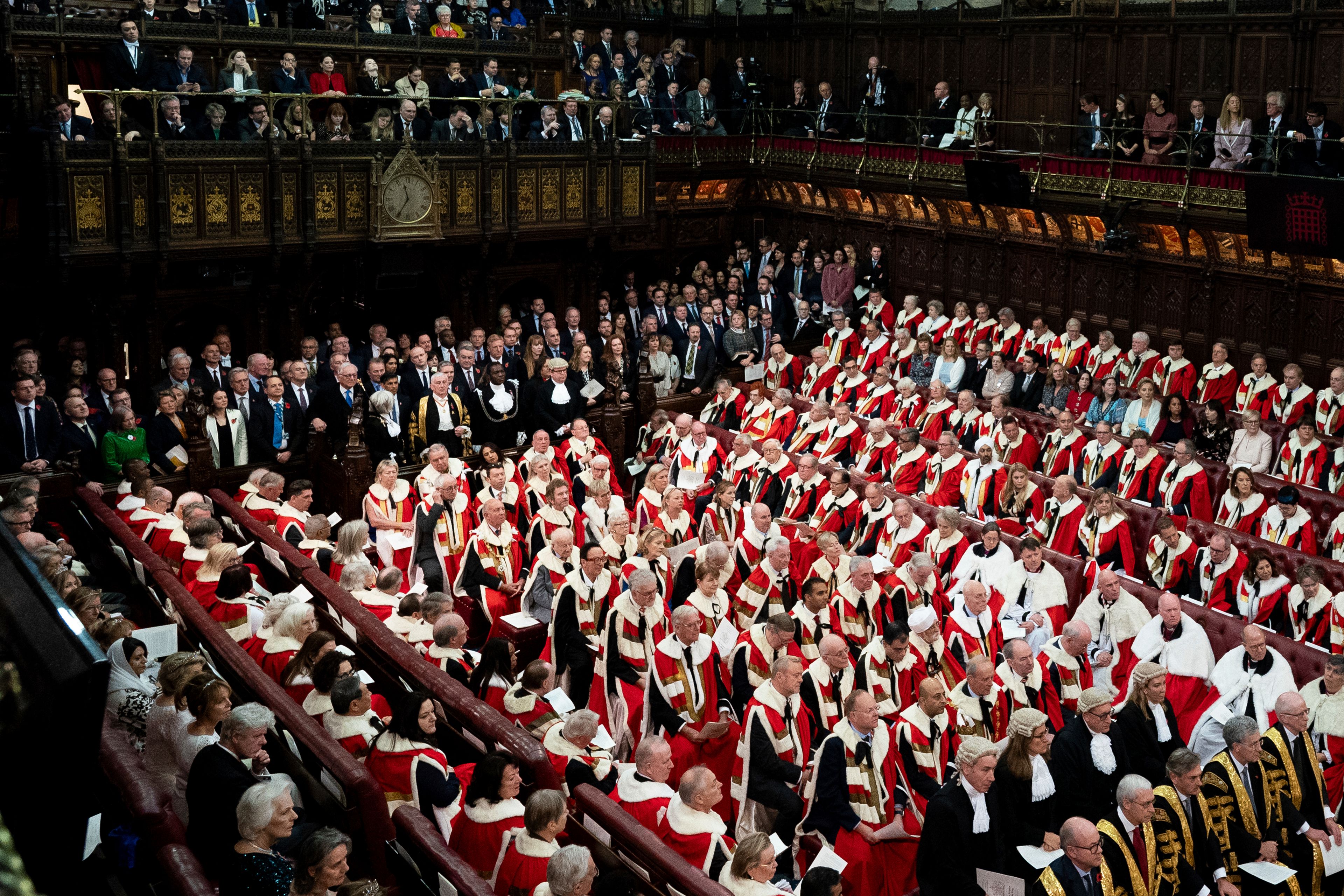 FILE - Members of the House of Commons and Lords during the State Opening of Parliament, in the House of Lords, in London, Tuesday, Nov. 7, 2023. (Aaron Chown/Pool Photo via AP, File)