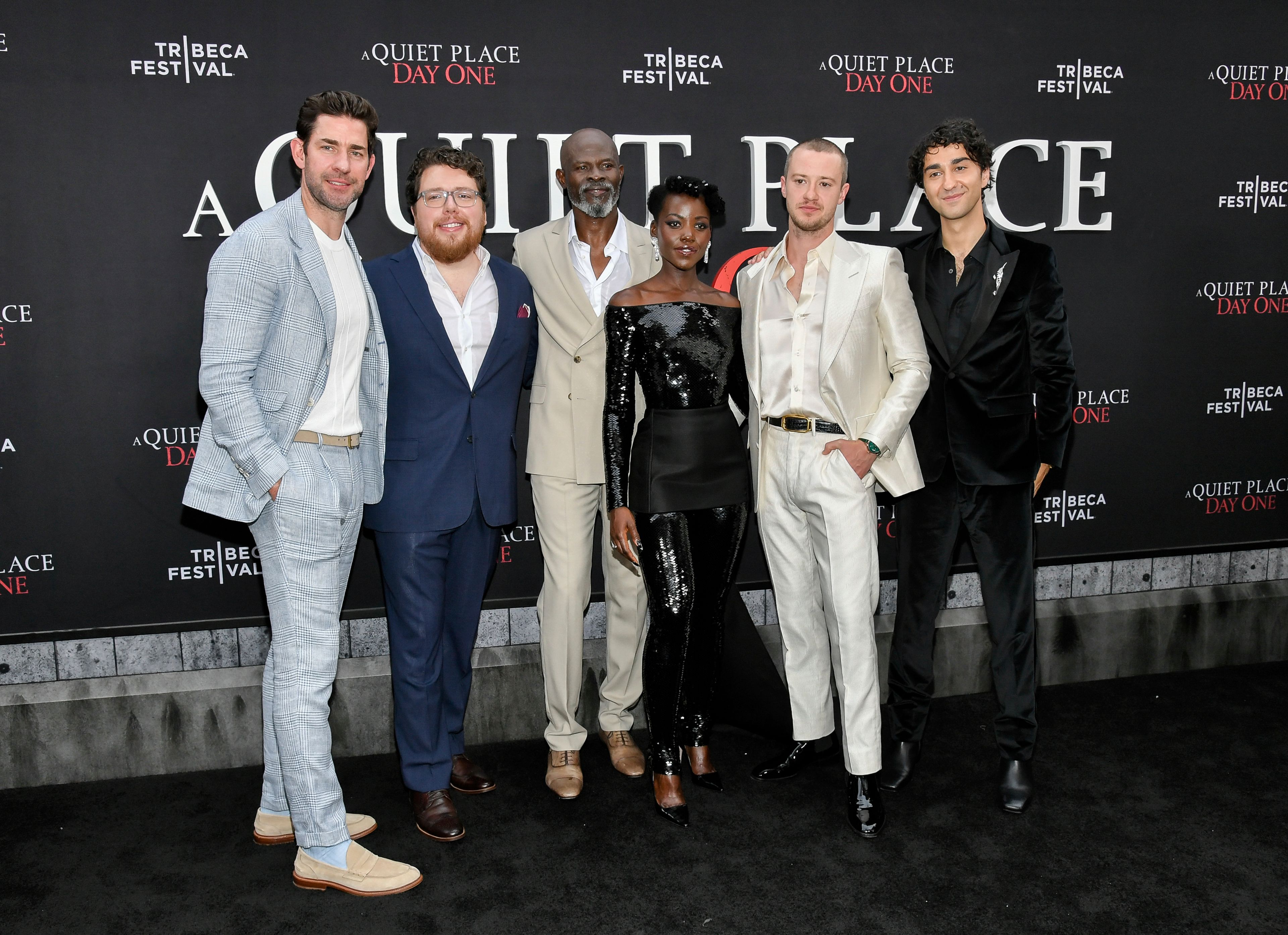 John Krasinski, from left, Michael Sarnoski, Djimon Hounsou, Lupita Nyong'o, Joseph Quinn and Alex Wolff attend the Paramount Pictures premiere of "A Quiet Place: Day One" at AMC Lincoln Square on Wednesday, June 26, 2024, in New York. (Photo by Evan Agostini/Invision/AP)