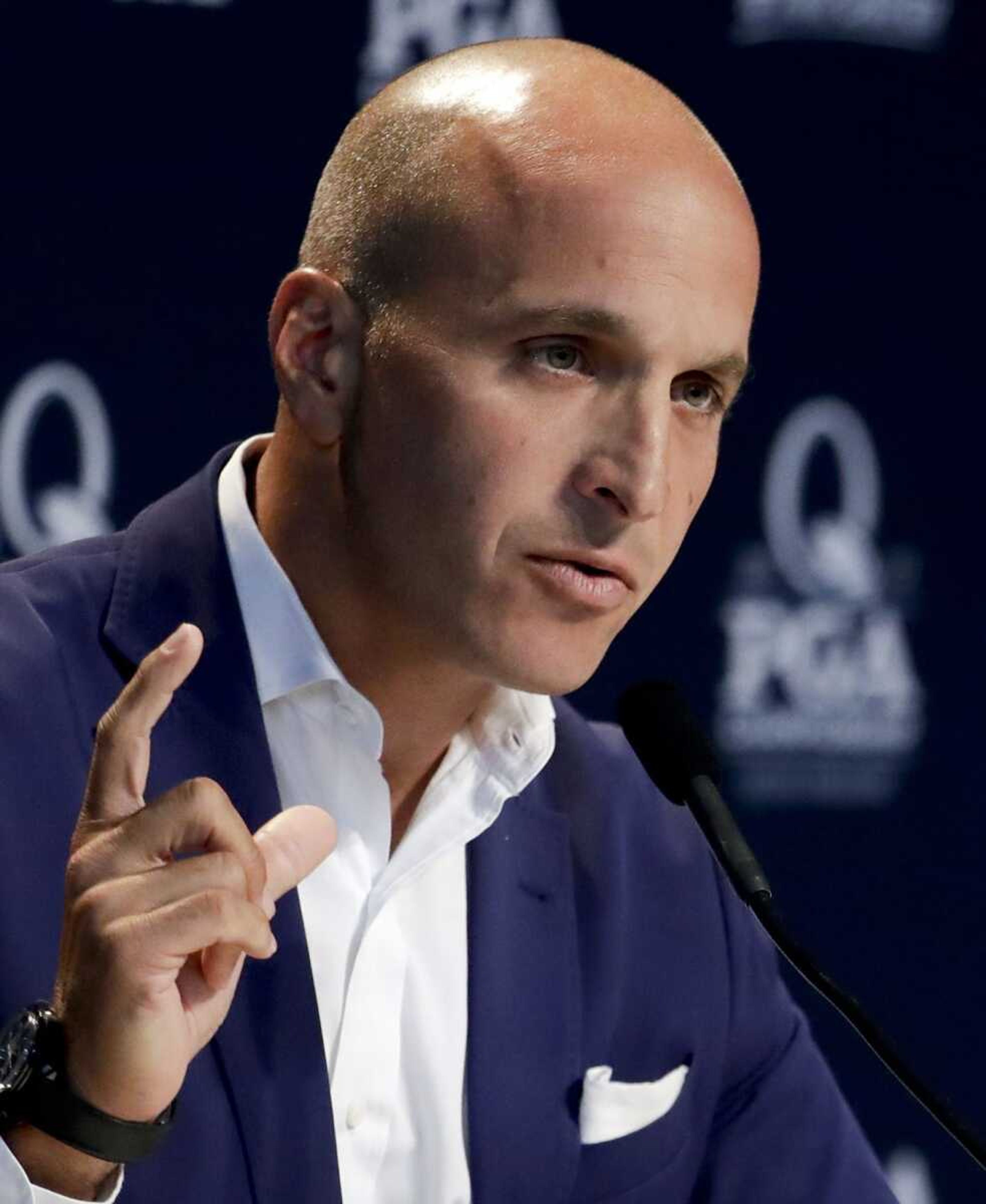 Peter Bevacqua, then CEO of the PGA of America, speaks during a news conference at the PGA Championship golf tournament Aug. 8, 2017, at Quail Hollow Club in Charlotte, North Carolina. NBC will shut down the NBC Sports Network at the end of the year. NBC Sports chairman Bevacqua announced the move Friday in an internal memo to staff.