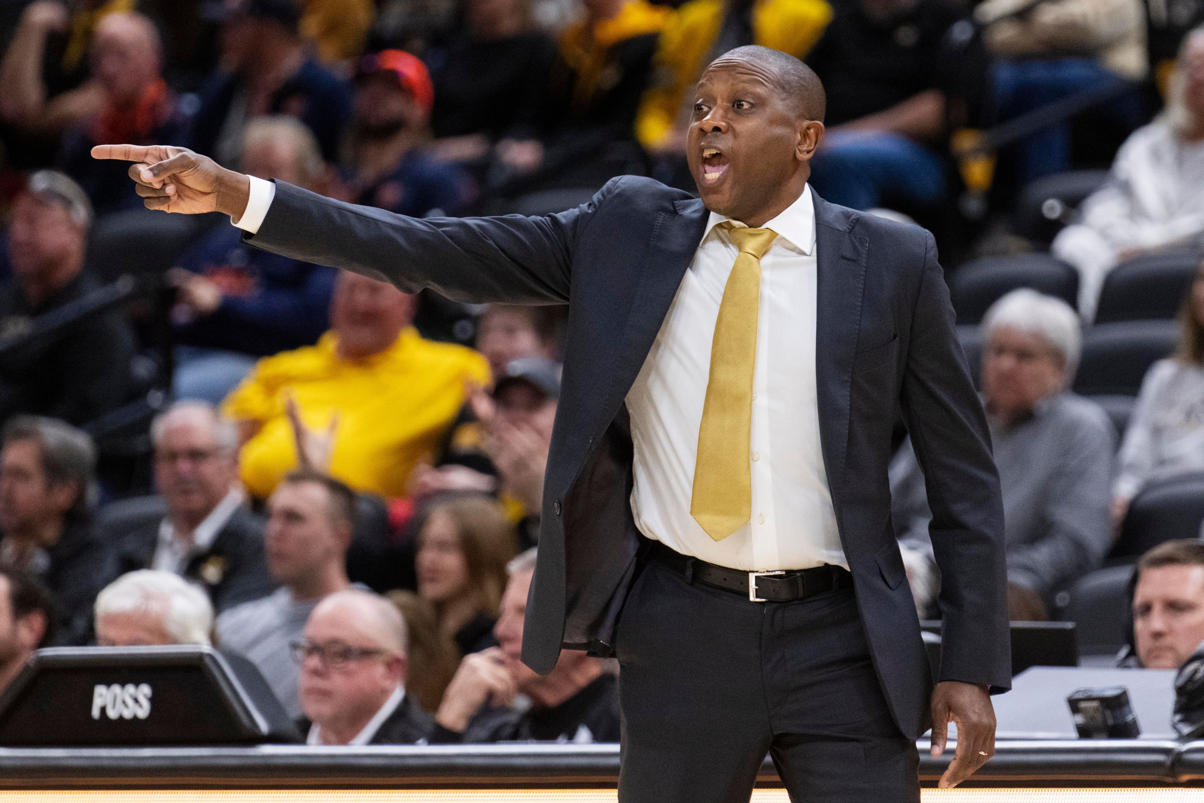 Missouri head coach Dennis Gates argues a call during the first half of the team's NCAA college basketball game against Auburn on Tuesday, March 5, 2024, in Columbia, Mo. (AP Photo/L.G. Patterson)