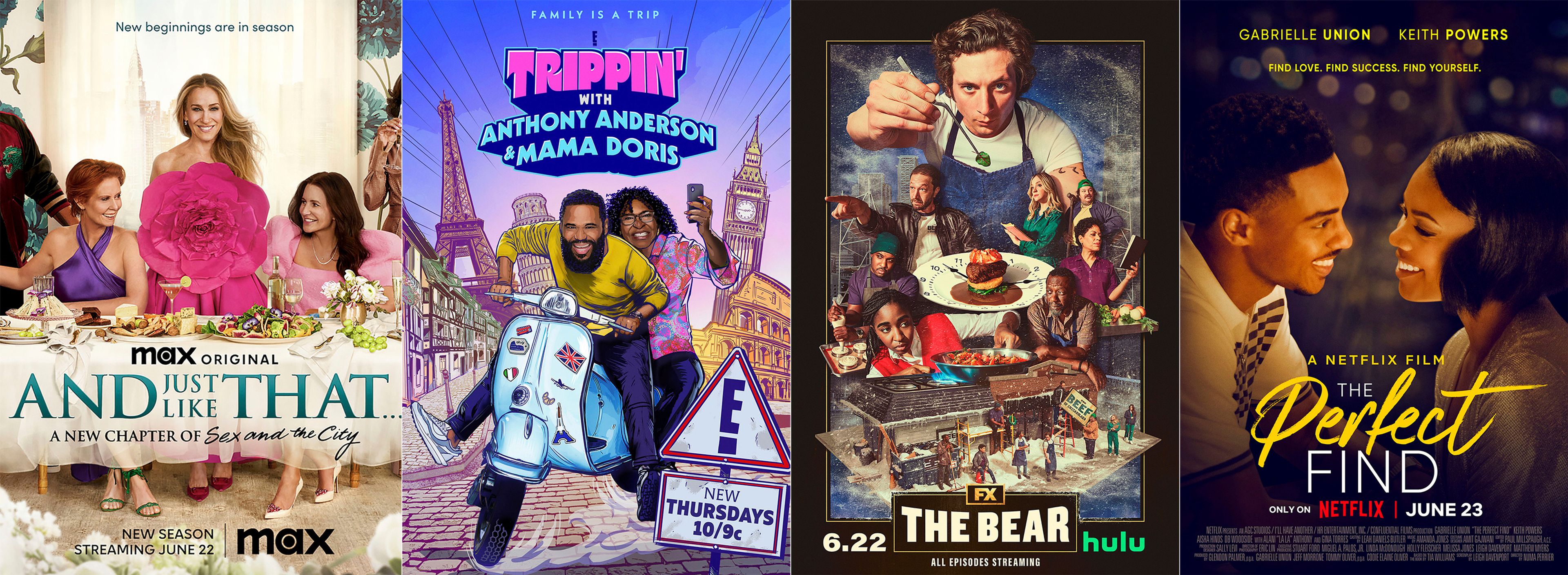 This combination of images shows promotional art for "And Just Like That," premiering its second season on June 22, from left, “Trippin’ with Anthony Anderson and Mama Doris,” a series premiering June 22 on E!, "The Bear," a series premiering June 22 on FX and "Perfect Find," a film premiering June 23 on Netflix. (Max/E!/FX/Netflix via AP)