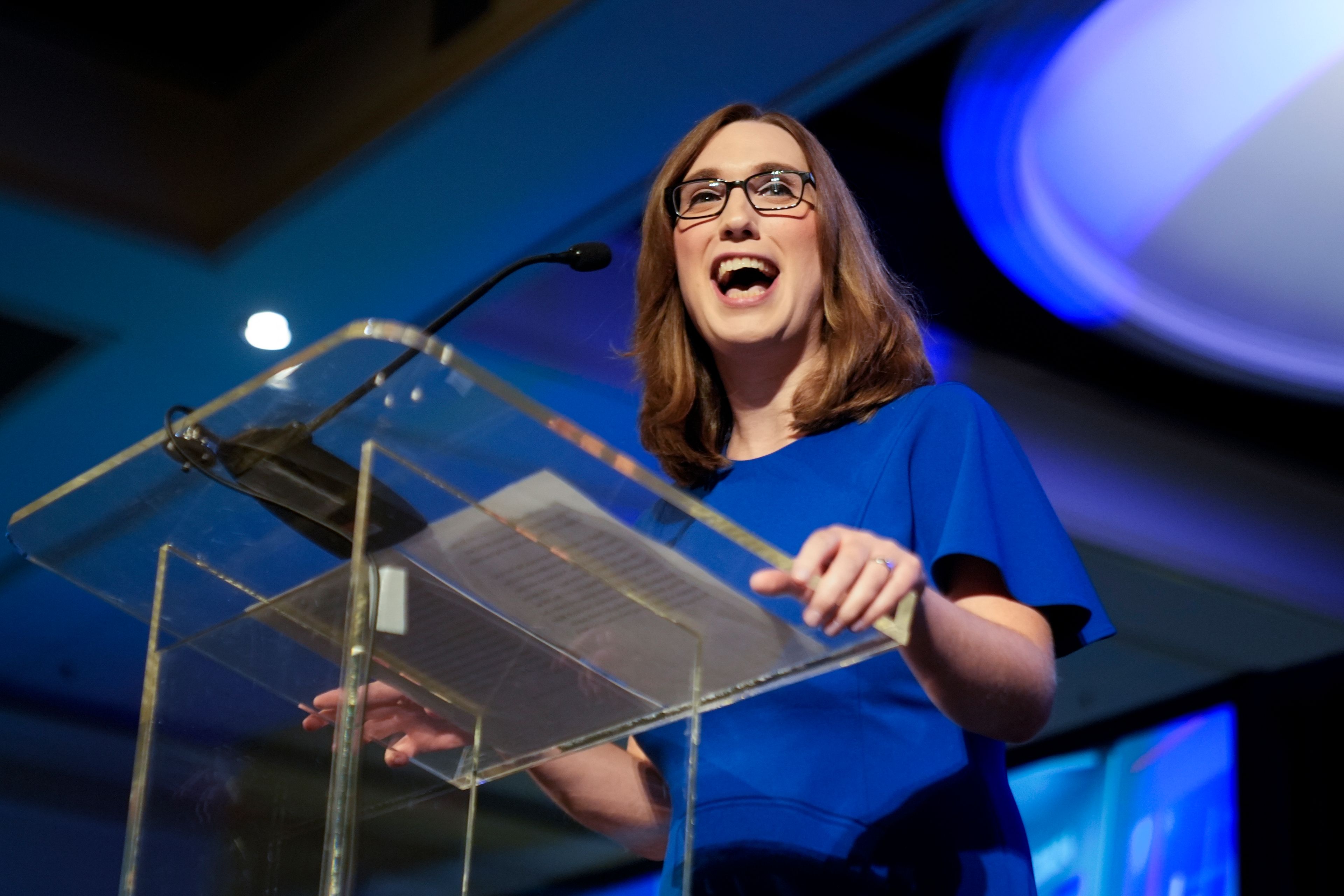 Sarah McBride, Democratic candidate for Delaware's at-large congressional district, speaks during an election night watch party Tuesday, Nov. 5, 2024, in Wilmington, Del. (AP Photo/Pamela Smith)