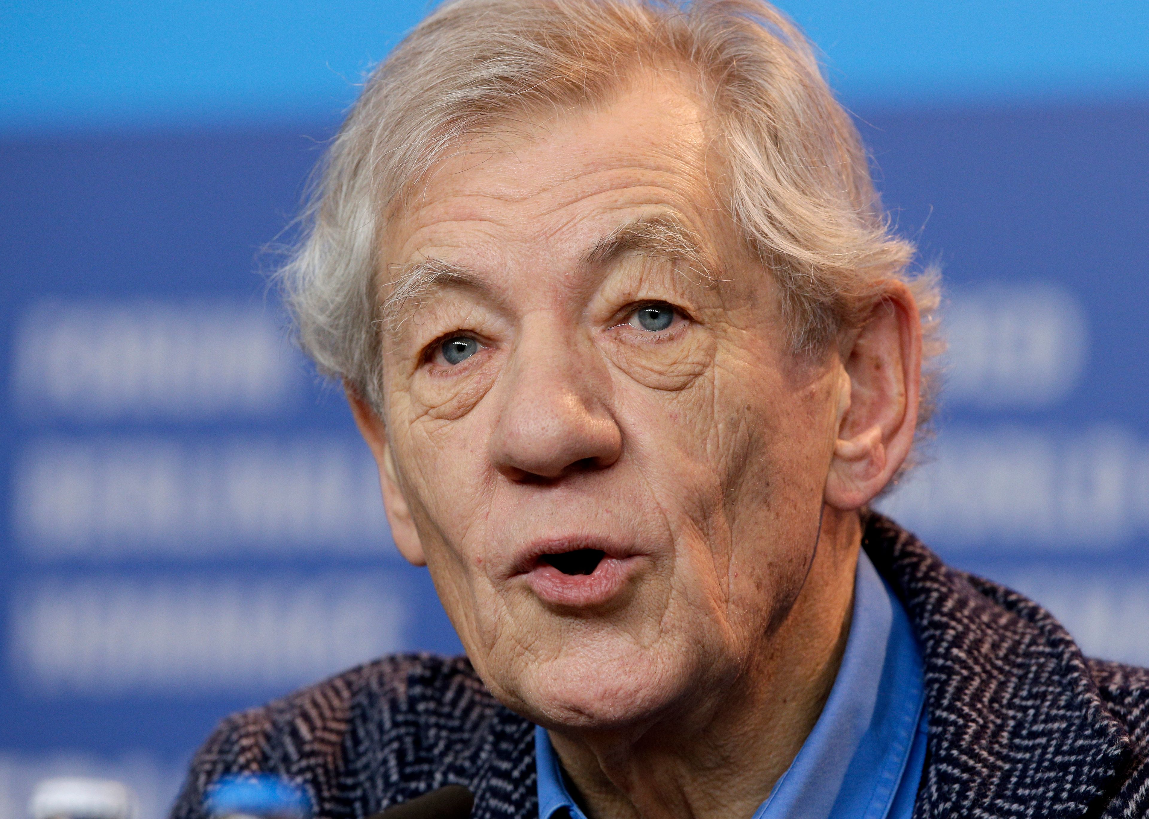 FILE - Actor Sir Ian McKellen speaks during the press conference for the film "Mr. Holmes" at the 2015 Berlinale Film Festival in Berlin, Germany, Sunday, Feb. 8, 2015. McKellen has been hospitalized Monday, June 17, 2024, after toppling off a London stage during a fight scene in a play. The 85-year-old actor known for playing Gandalf in the “Lord of the Rings” films and his many stage roles was playing John Falstaff in a production of Player Kings at the Noel Coward Theatre. (AP Photo/Michael Sohn, File)