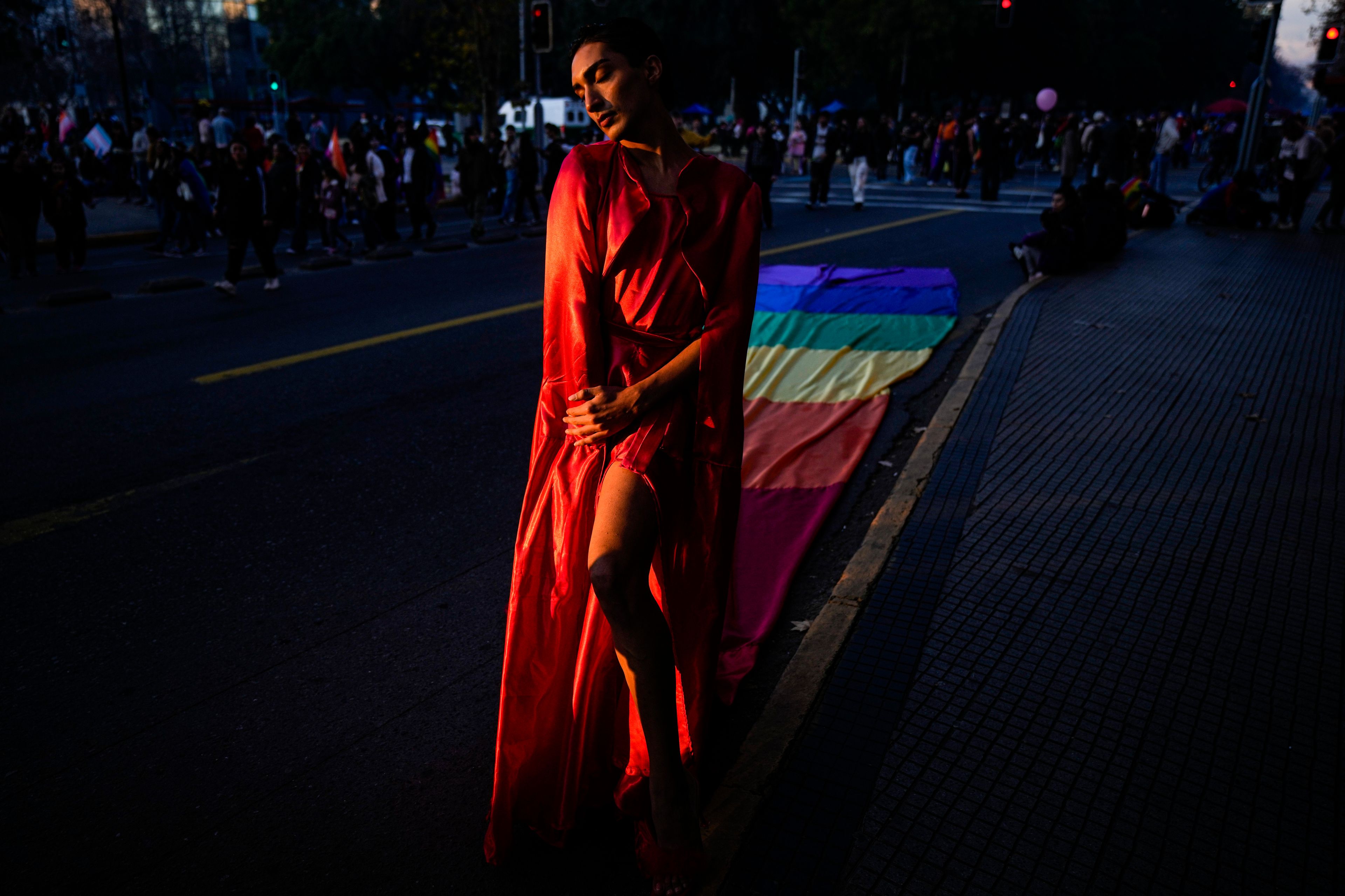 A reveler, who goes by the name Cat, strikes a pose during a Pride parade marking the culmination of LGBTQ+ Pride month, in Santiago, Chile, Saturday, June 29, 2024. (AP Photo/Esteban Felix)