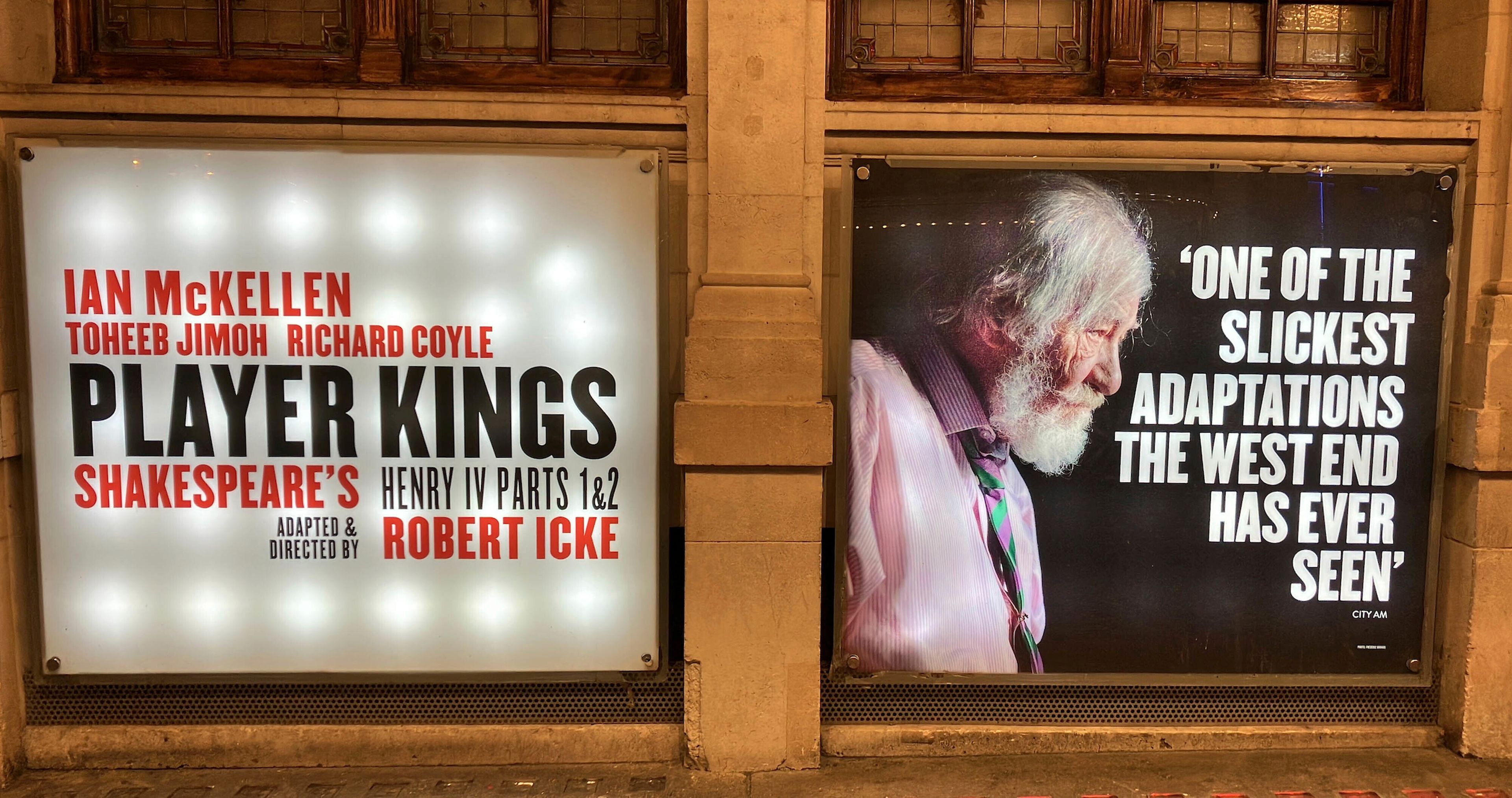 A sign for Player Kings at the Noel Coward Theatre in London, starring Sir Ian McKellen, who has been taken to hospital after he fell from the stage during a West End performance, Monday, June 17, 2024. The 85-year-old actor known for playing Gandalf in the “Lord of the Rings” films and his many stage roles was playing John Falstaff in a production of Player Kings at the theater. (Jacob Freedland/PA via AP)