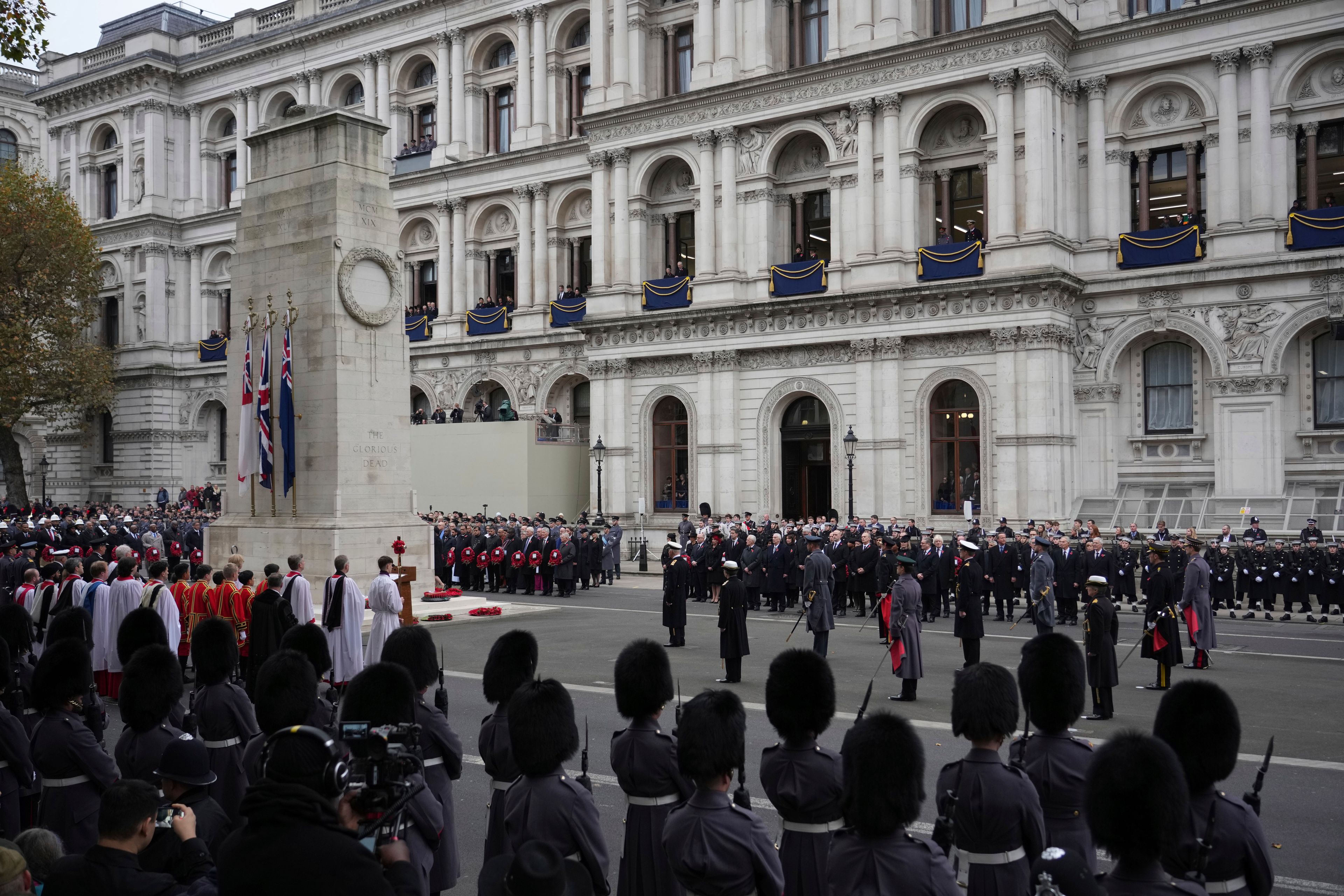 Britain's King Charles III, at centre, stands with other royals and politicians as they attend the Remembrance Sunday Service at the Cenotaph in London, Sunday, Nov. 10, 2024. (AP Photo/Alberto Pezzali, Pool )