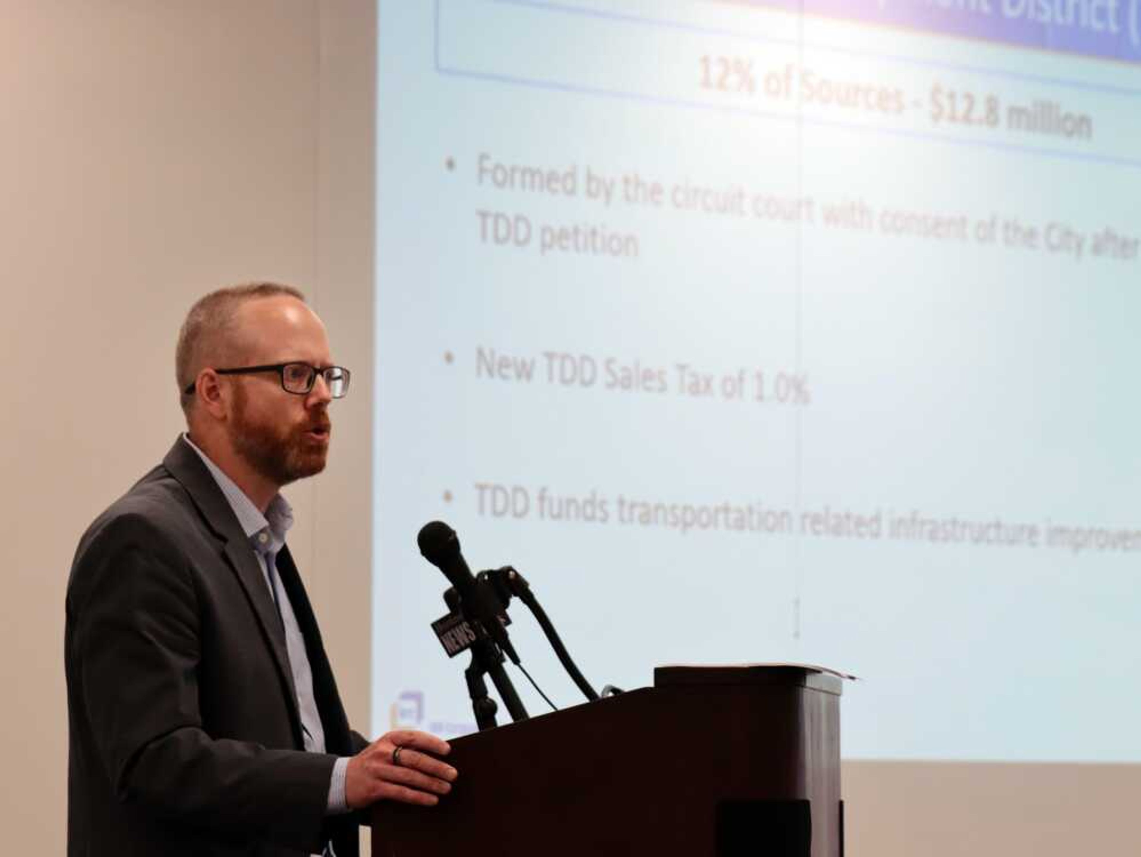 John Hansen, managing director of Integra Realty Resources Corporate and Public Finance, details plans to redevelop West Park Mall in Cape Girardeau at a public hearing Wednesday, June 21, at Osage Centre. The city's TIF Commission voted Wednesday to recommend a tax increment financing incentive for the project to the City Council.
