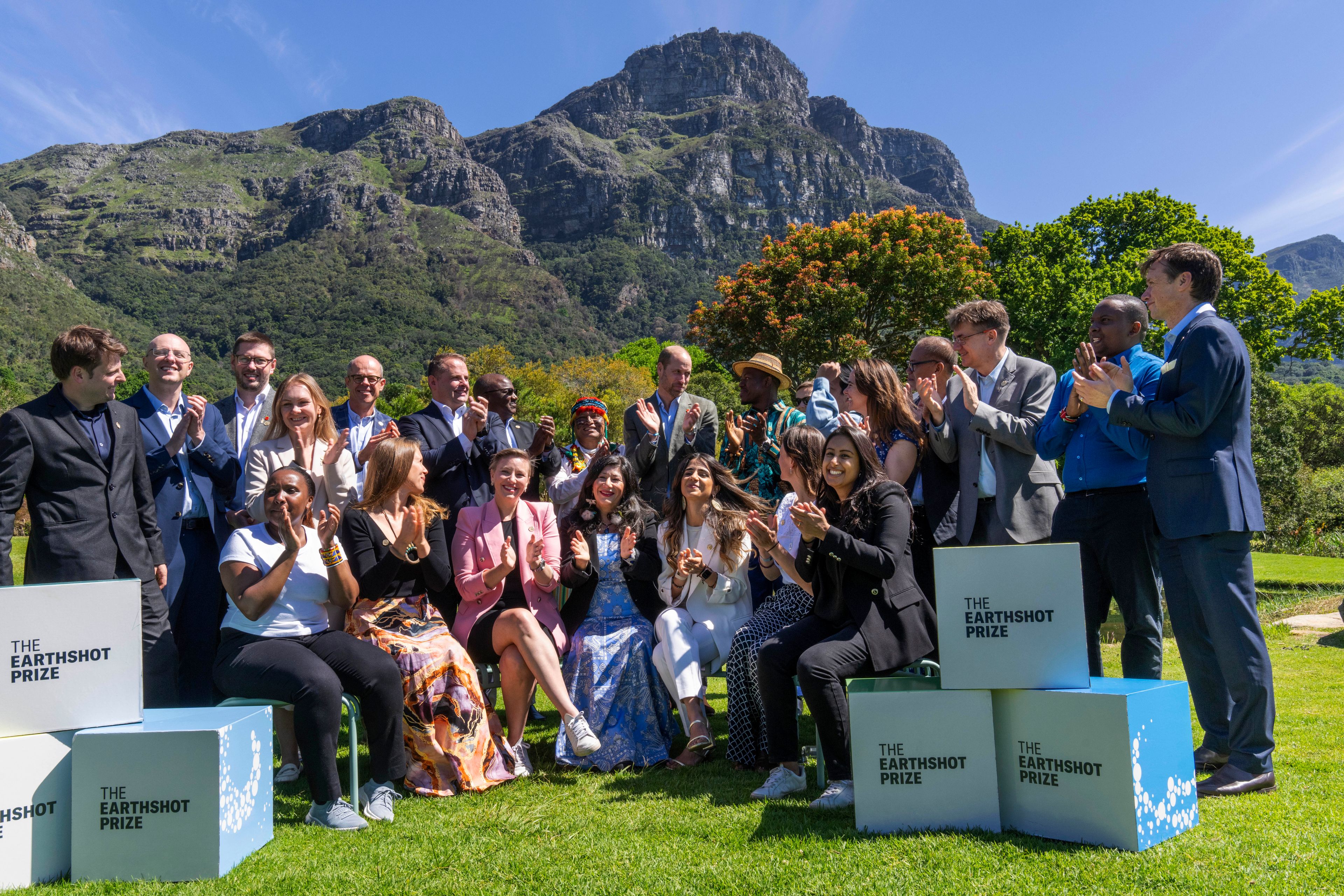 Britain's Prince William poses with finalists of the 2024 Earthshot Prize at the Kirstenbosch Botanical Gardens in Cape Town, South Africa, Wednesday, Nov. 6, 2024. (AP Photo/Jerome Delay, Pool)