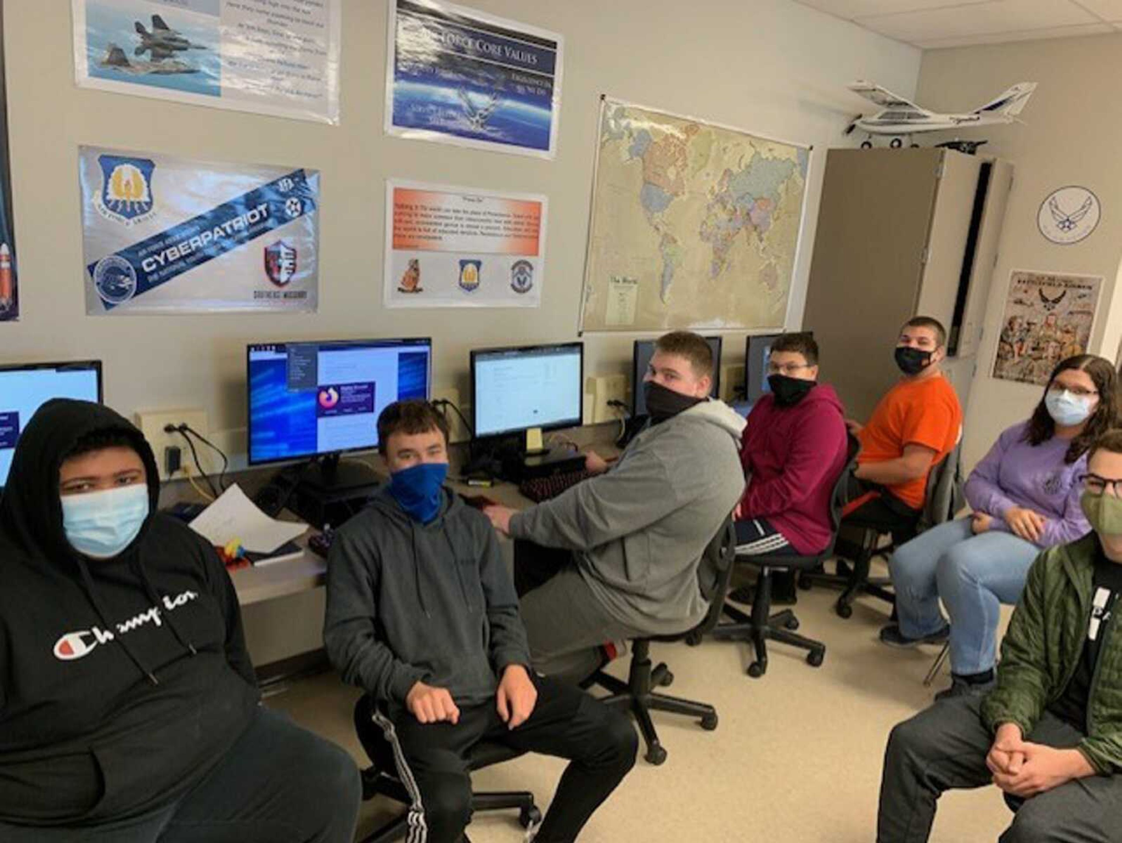 Members of Cape Girardeau Central High School's Flying Tigers AFJROTC Cyberpatriot Team, winners of the 2020-21 Missouri All-Service Division. From left, Aaron Wren, Nick Hodges, Zander Stewart, Zach Hodges, Nick Stearns, Olivia Garagnani and Gregg Hallman. It is Cape Central's second state Cyberpatriot title.