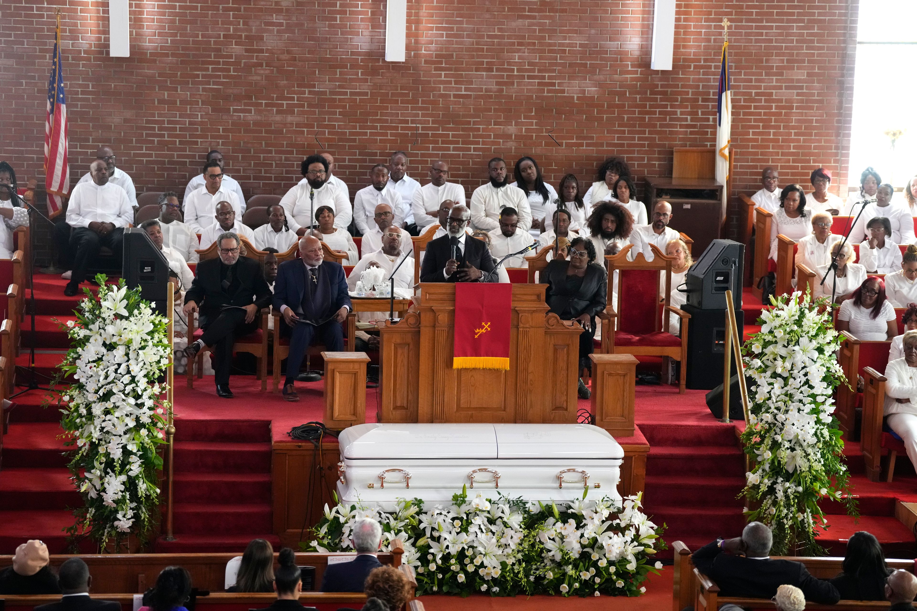 BeBe Winans speaks during a ceremony celebrating the life of Cissy Houston on Thursday, Oct. 17, 2024, at the New Hope Baptist Church in Newark, N.J. (Photo by Charles Sykes/Invision/AP)