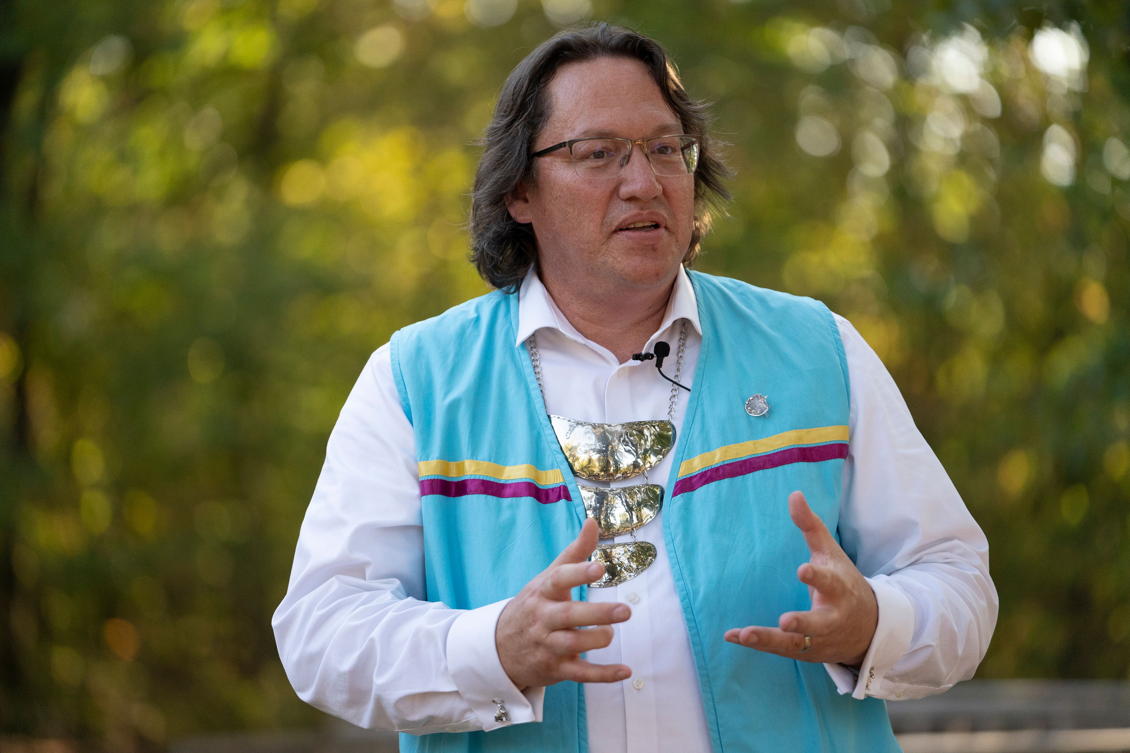 Chief Ben Barnes of the Shawnee Tribe talks about the tribes involvement in Civilization VII at the ribbon cutting of the Shawnee Language Center on Friday, September 20, 2024 in Miami, Okla.. (AP Photo/Nick Oxford)