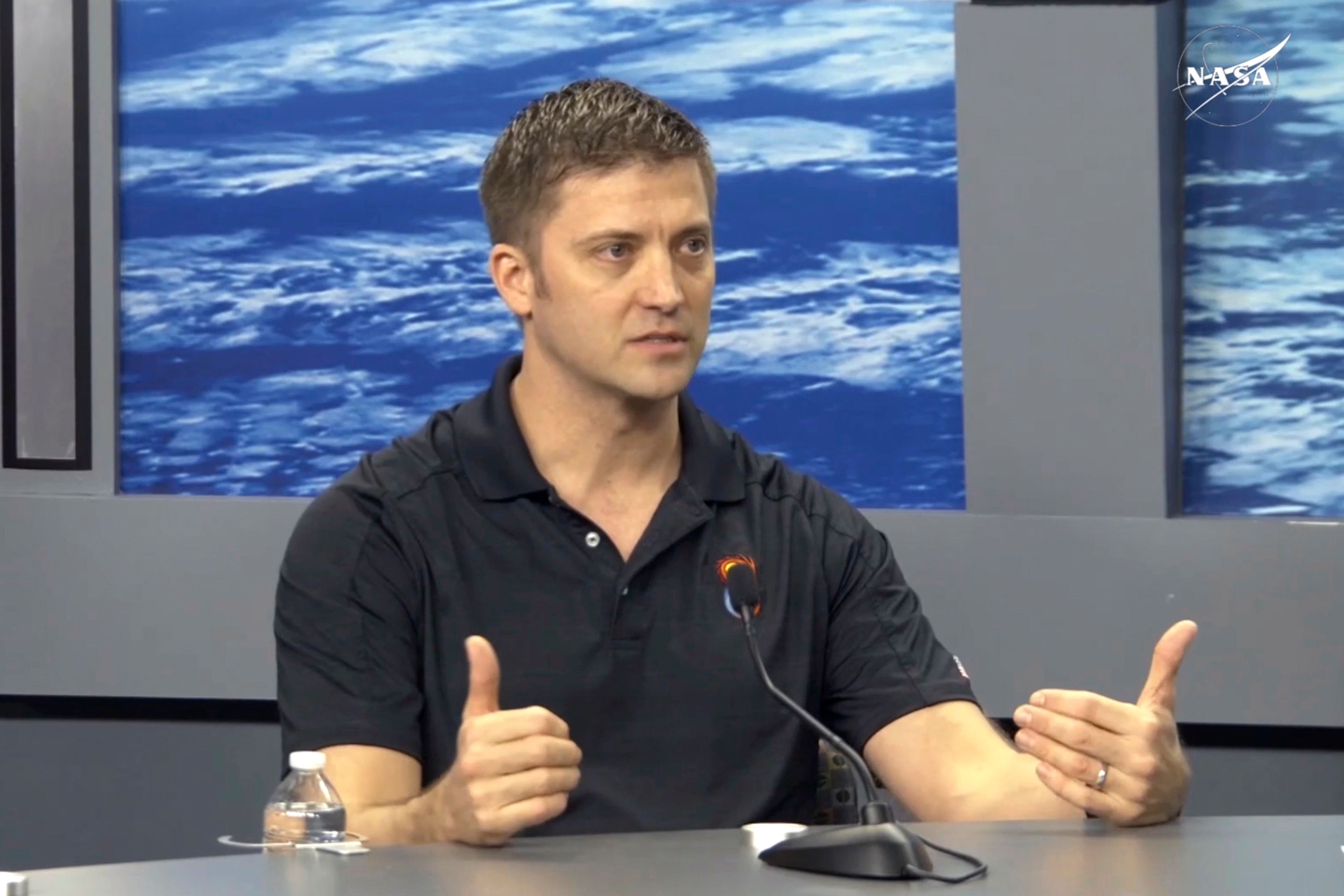 In this image from video provided by NASA, astronaut Matthew Dominick speaks during a news conference at the agency’s Johnson Space Center in Houston on Friday, Nov. 8, 2024. (NASA via AP)