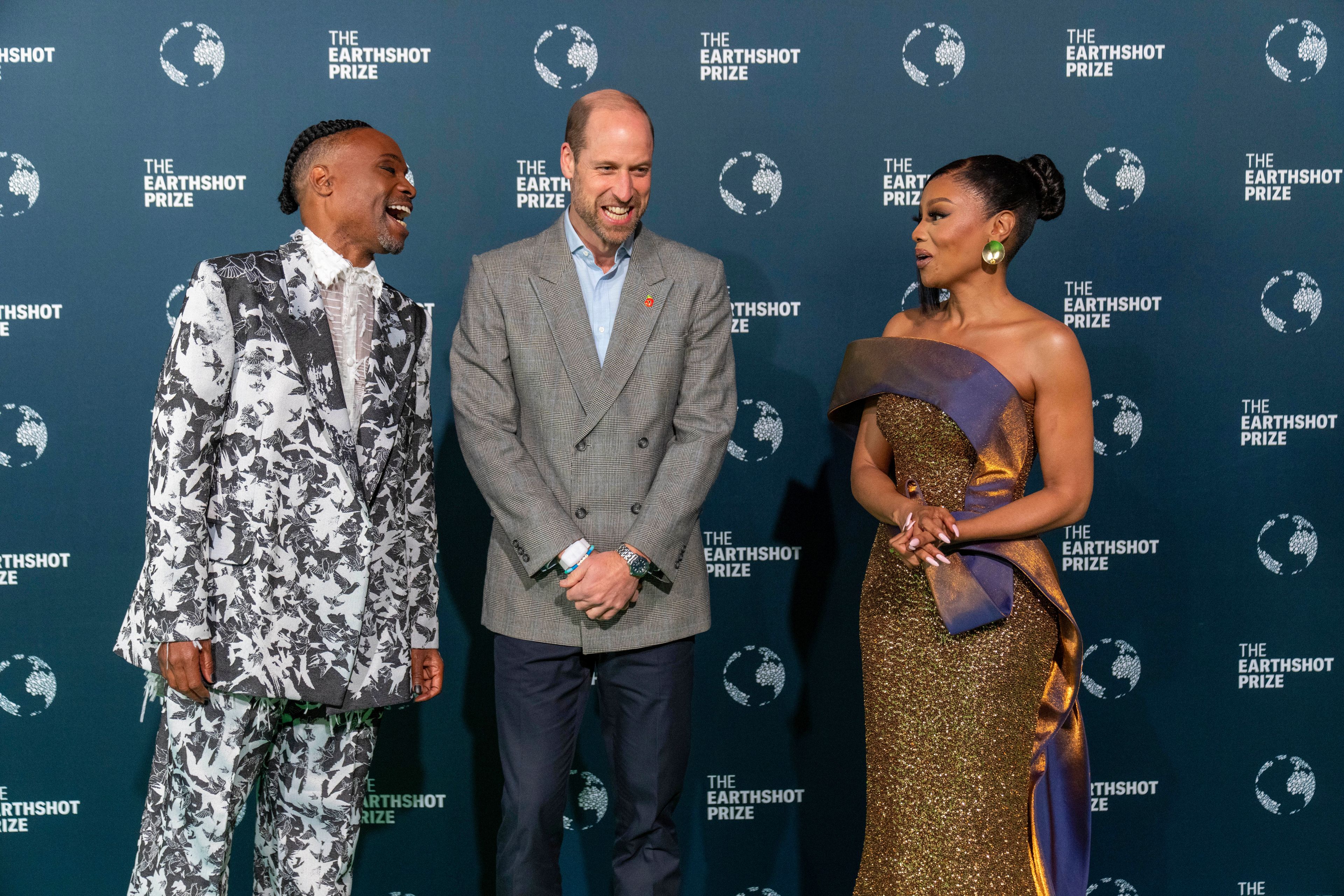 Britain's Prince William shares a laugh with Billy Porter and Bonang Matheba before the start of the Earthshot Prize Award ceremony in Cape Town, South Africa, Wednesday, Nov. 6, 2024. (AP Photo/Jerome Delay)