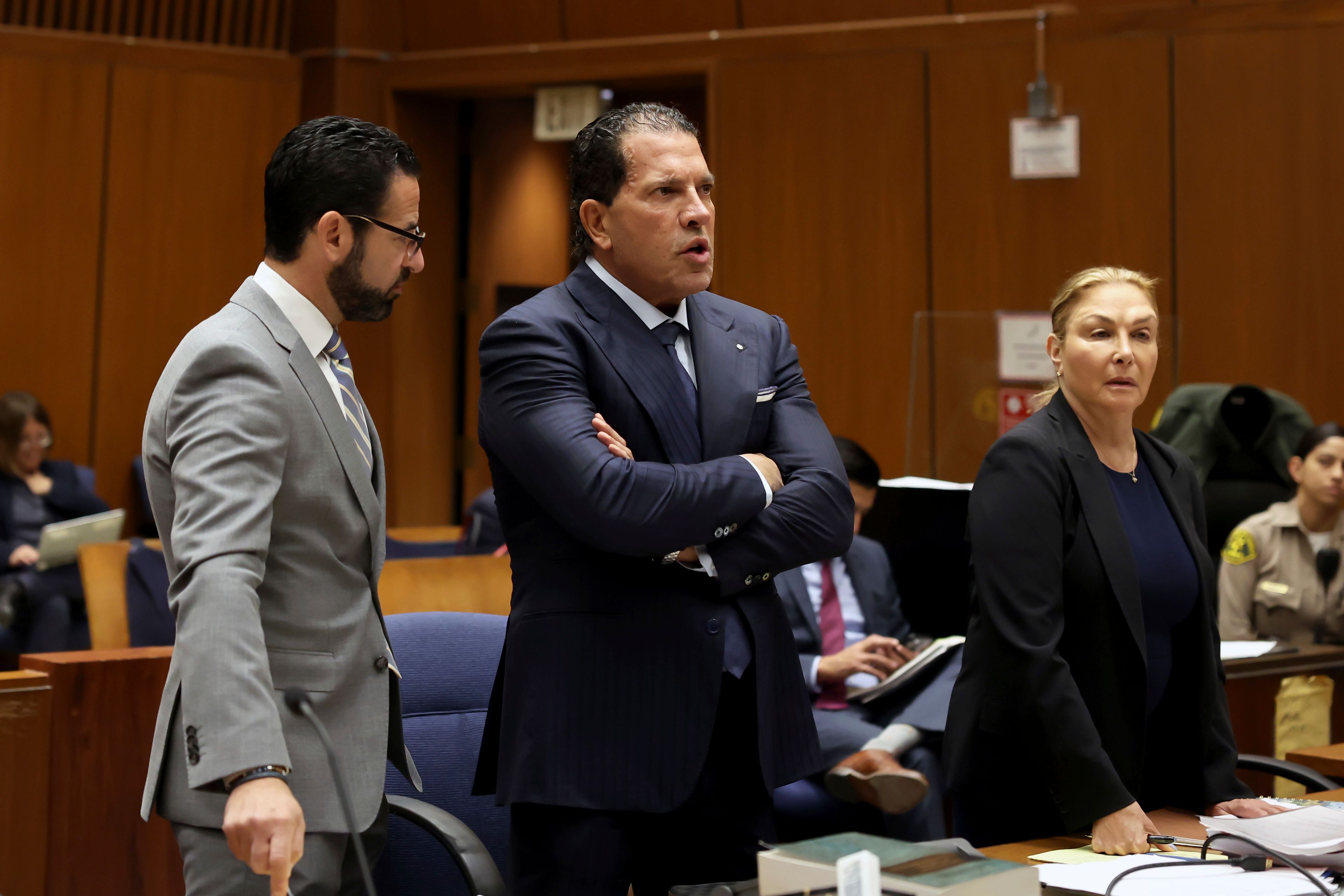 Left to right, Defense attorneys for A$AP Rocky, Chad Seigel, Joe Tacopina, and Sara Caplan, speak during Rakim Mayers AKA A$AP Rocky's Pretrial Conference at Clara Shortridge Foltz Criminal Justice Center on Tuesday, Oct. 22, 2024 in Los Angeles. (Amy Sussman/Getty Images via AP, Pool)