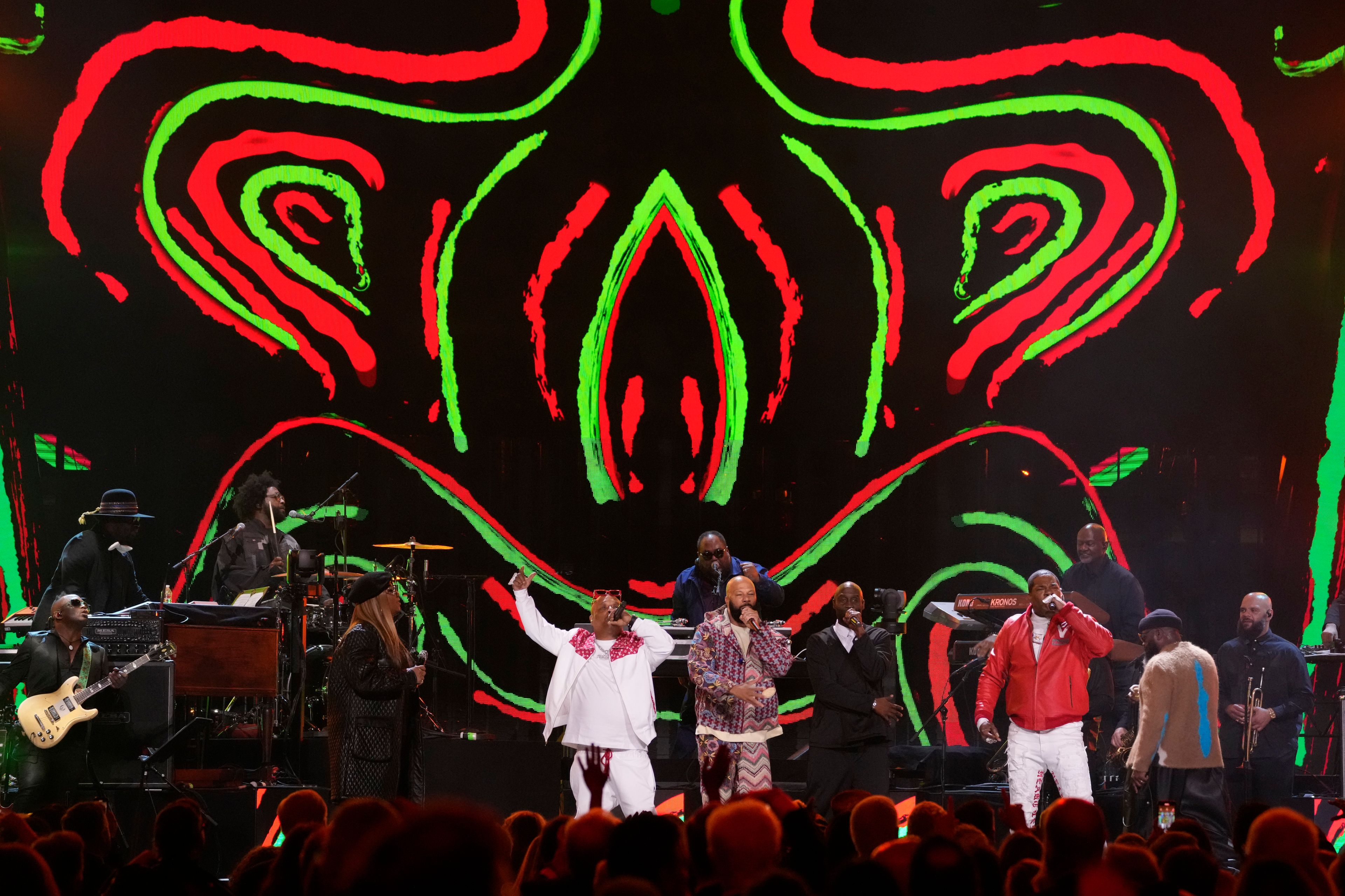 Queen Latifah, from left, Spliff Star, Common, Posdnuos, Busta Rhymes, Black Thought perform during the 39th Annual Rock & Roll Hall of Fame Induction Ceremony on Saturday, Oct. 19, 2024, at Rocket Mortgage FieldHouse in Cleveland. (AP Photo/Chris Pizzello)